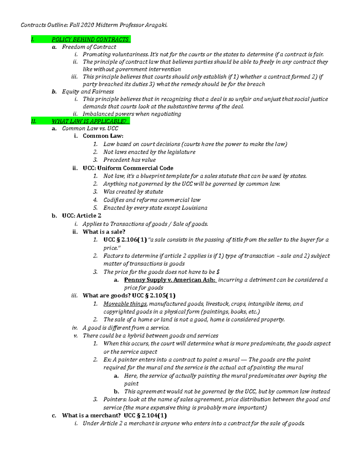 Contracts Outline (midterm) - Contracts Outline: Fall 2020 Midterm ...