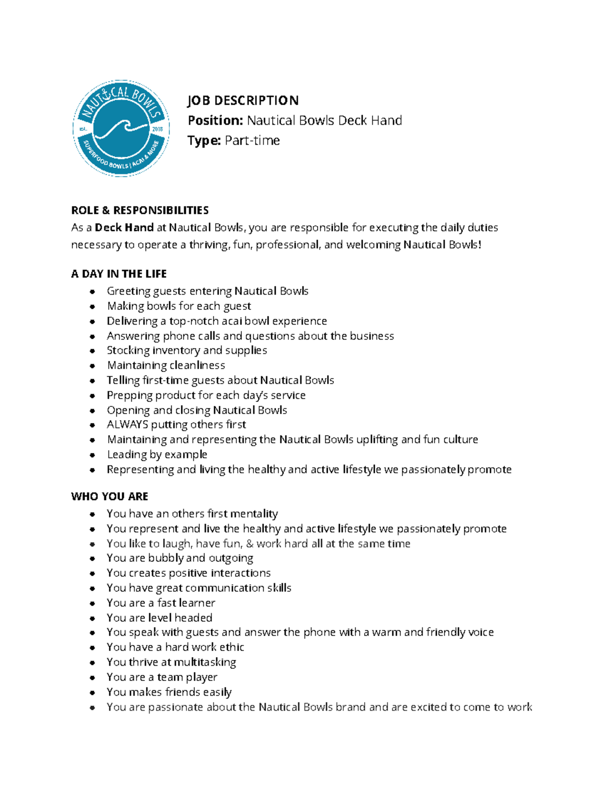 Deck Hand Job Description JOB DESCRIPTION Position Nautical Bowls