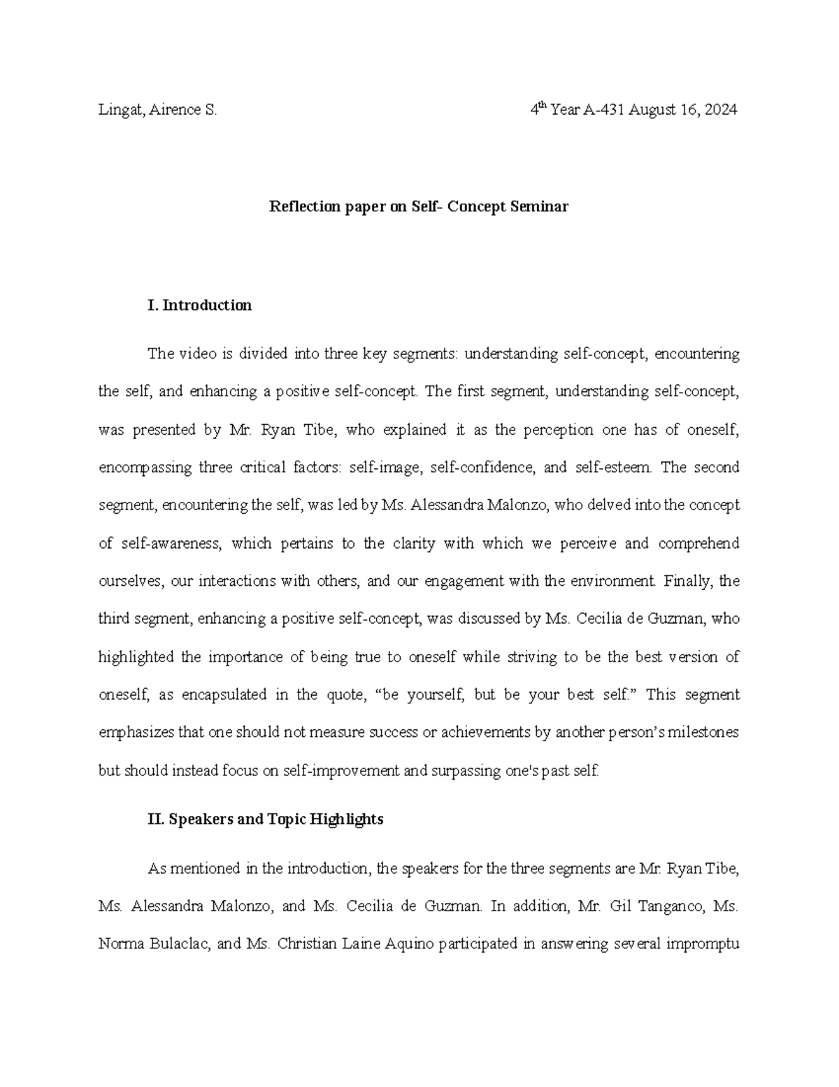 Building High Self-Esteem - Lingat, Airence S. 4 th Year A-431 August ...