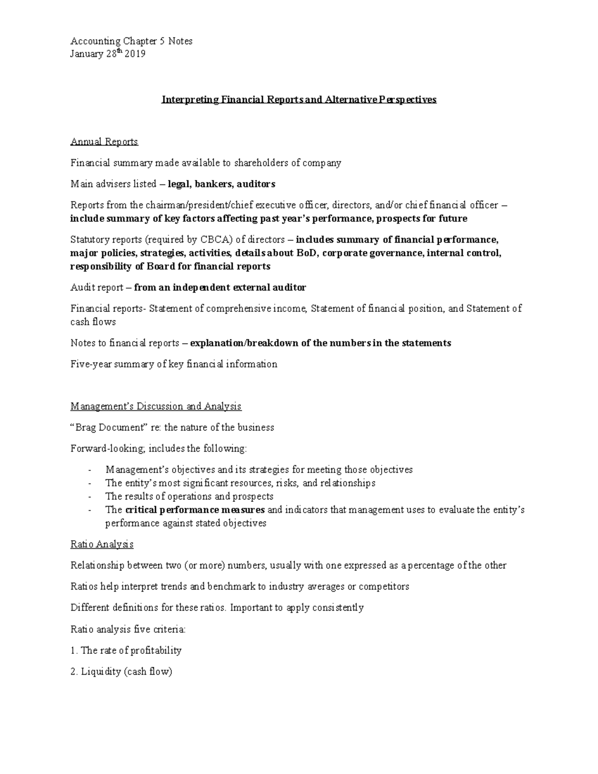 Accounting Chapter 5 Notes - January 28th 2019 Interpreting Financial ...