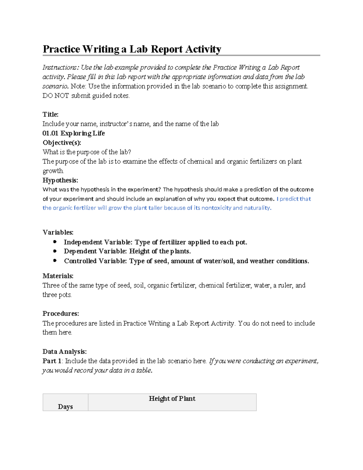 01.01 Exploring Life Version 2 - Practice Writing a Lab Report Activity ...