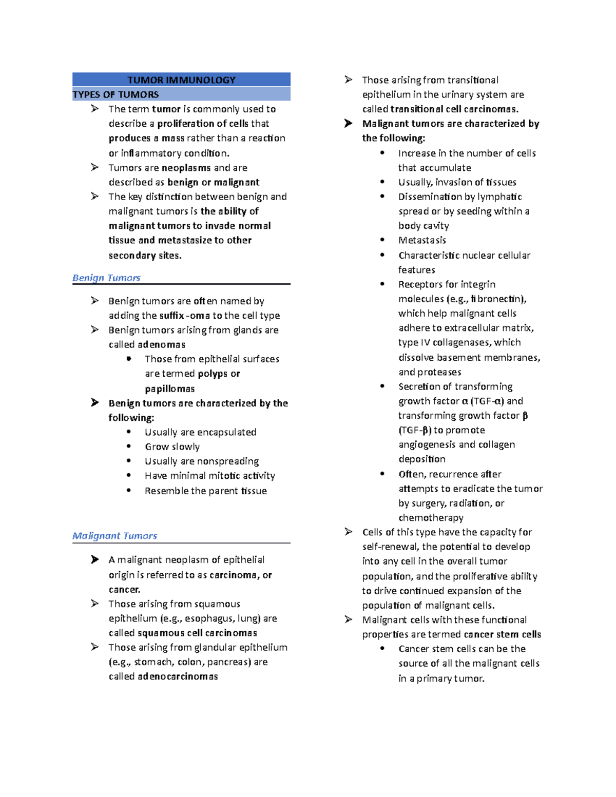 Tumor Immunology TUMOR IMMUNOLOGY TYPES OF TUMORS The term tumor is