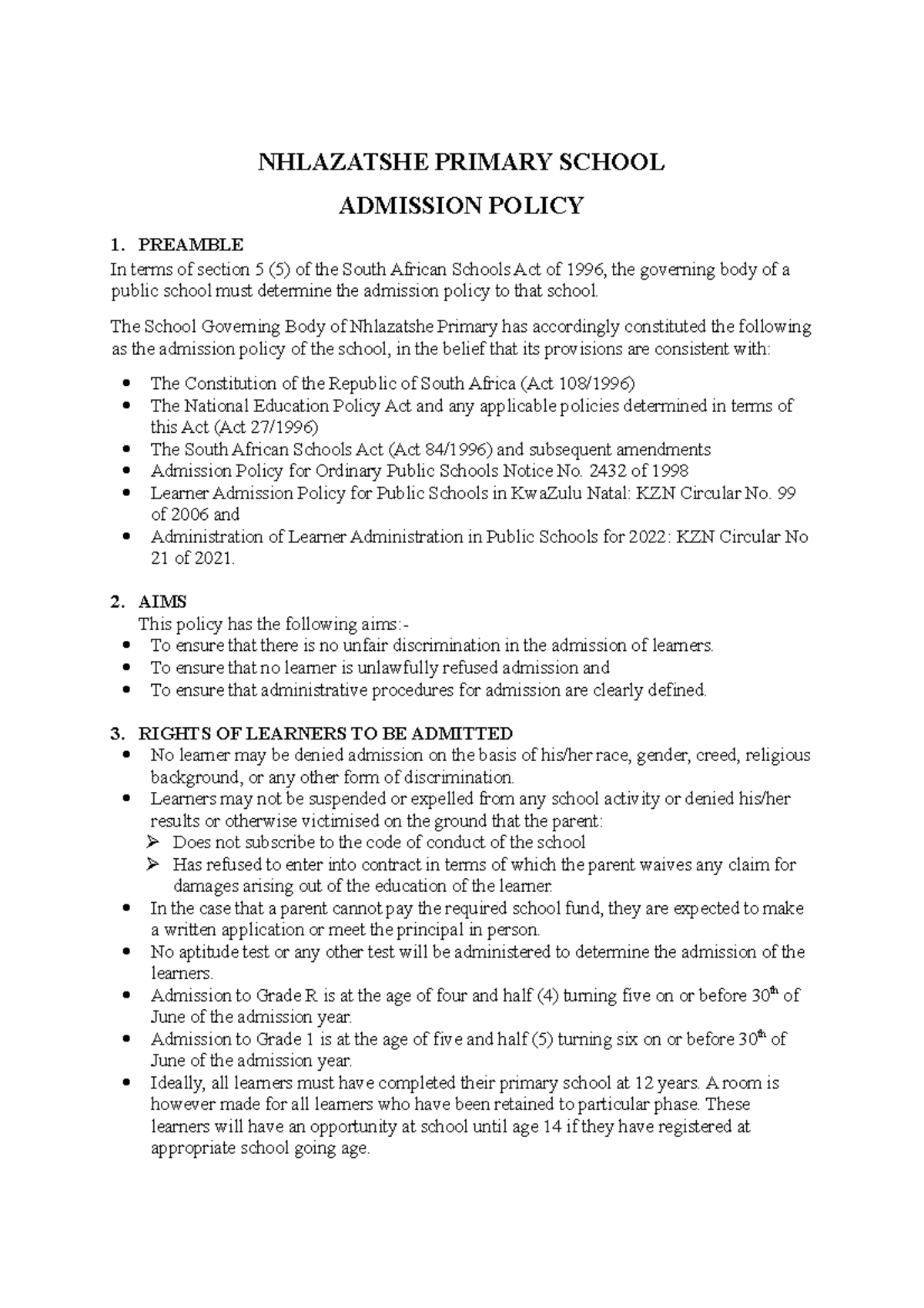 Admission Policy 2022 Nhlazatshe Primary School - NHLAZATSHE PRIMARY ...