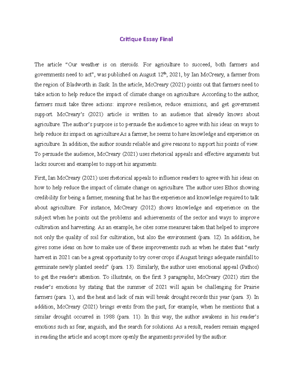 Critique Essay Sample - Critique Essay Final The article “Our weather ...