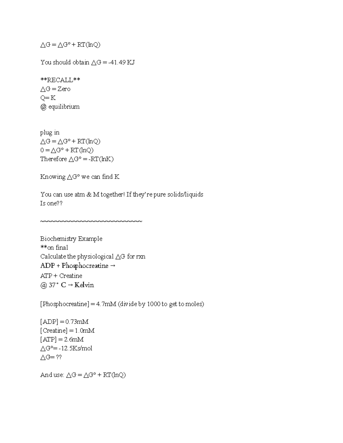 Chem 1050 part 4 - Equilibrium/ Energy dynamics - G = G° + RT(lnQ) You ...