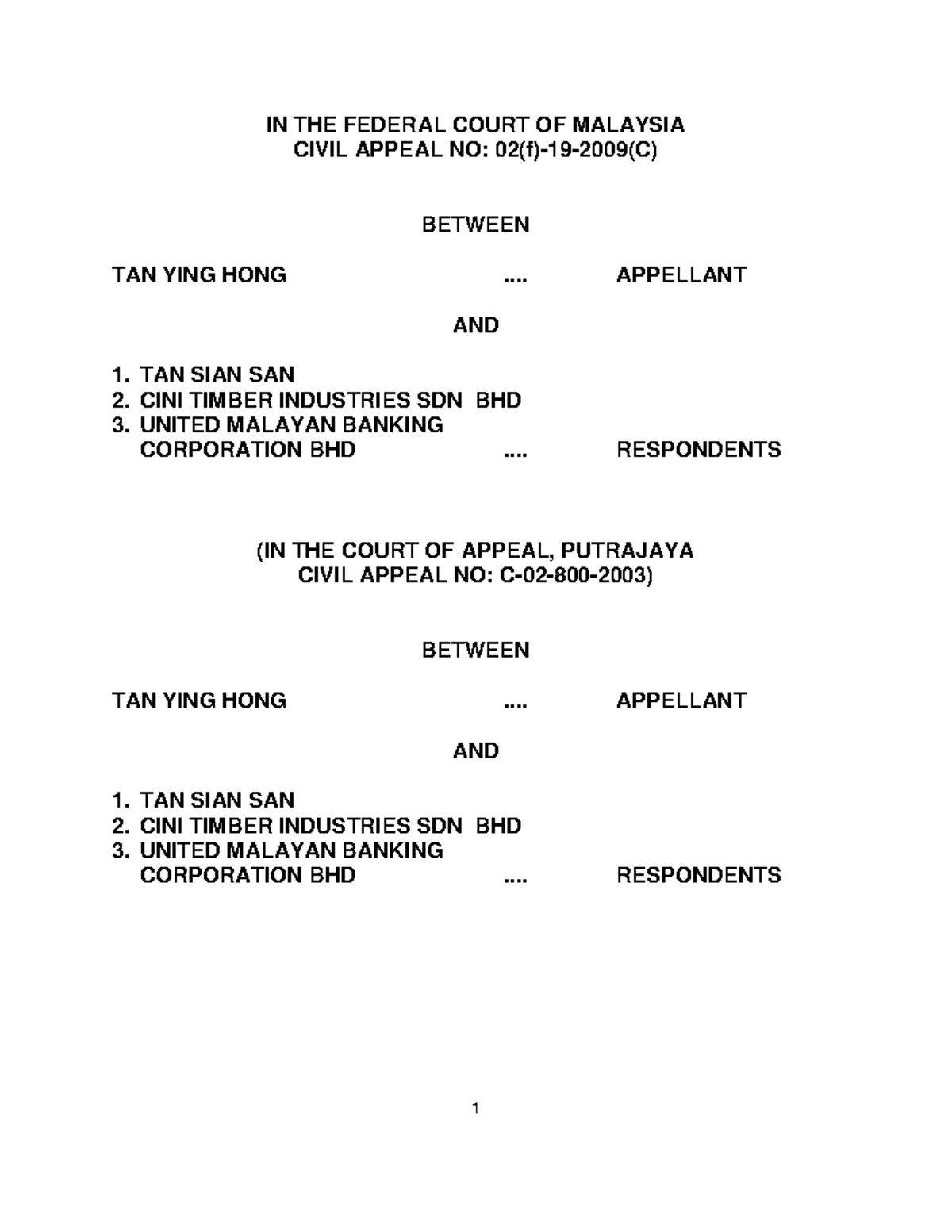 Tan ying hong case - IN THE FEDERAL COURT OF MALAYSIA CIVIL APPEAL NO ...