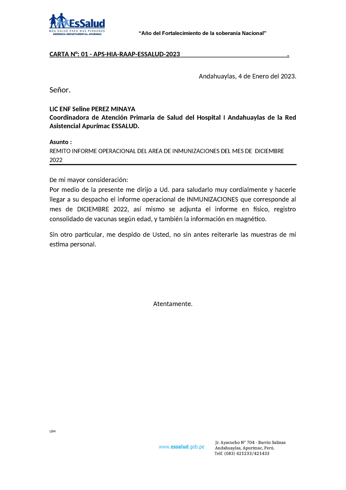 Informe Sanchez Vacunas Carta N° 01 Aps Hia Raap Essalud Andahuaylas 4 De Enero Del 7162