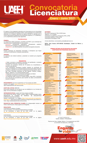 Convocatoria lic enero junio 2021 en partes faciles - Convocatoria  Licenciatura Enero - Junio 2021 - Studocu