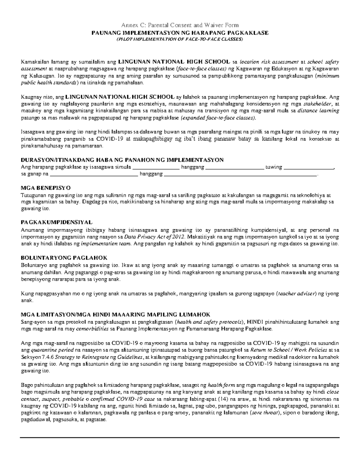 Annex C Parental Consent and Waiver Form t Agalog 1 - Education - Studocu