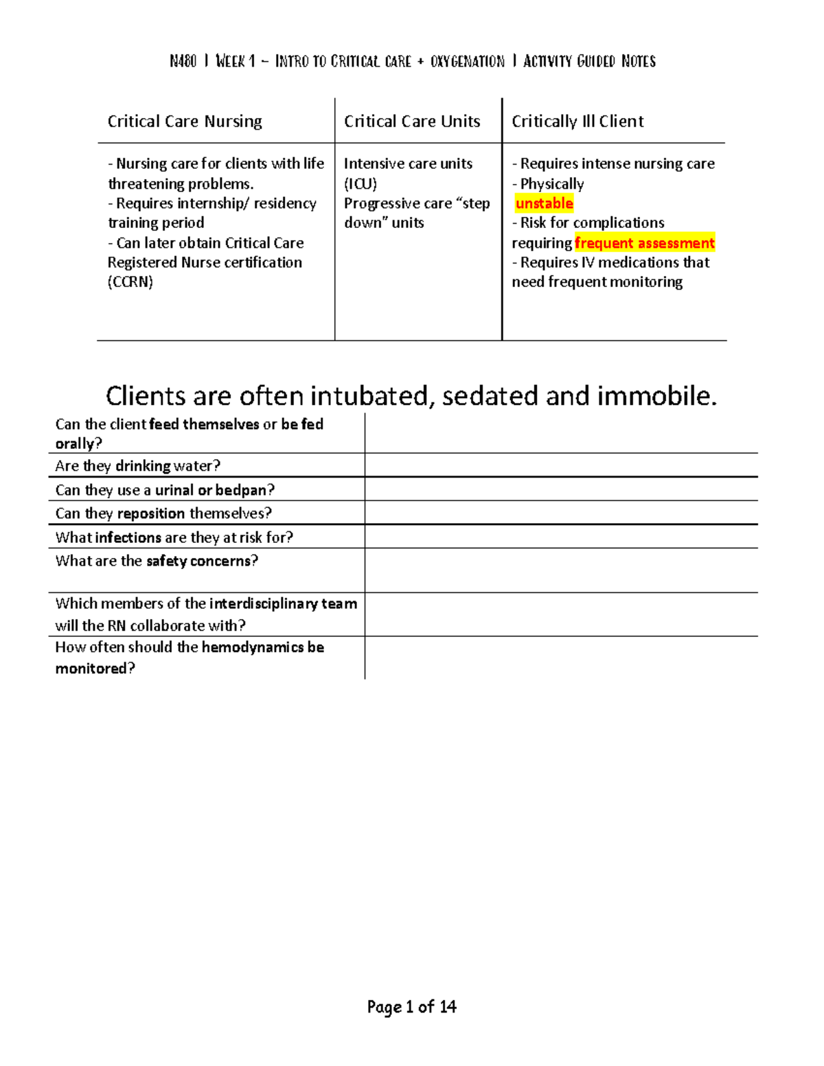 Guided Notes N480 Week 1 Intro & Oxygenation - Critical Care Nursing ...