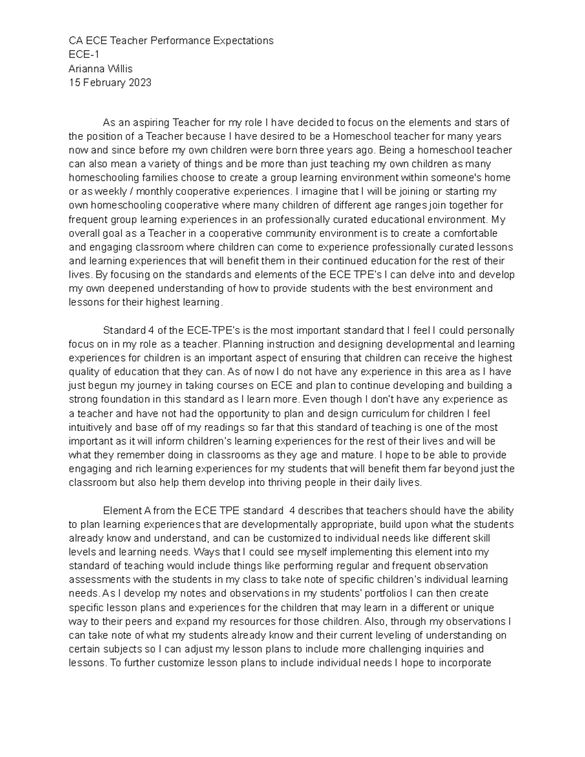 CA ECE Teacher Performance Expectations CA ECE Teacher Performance