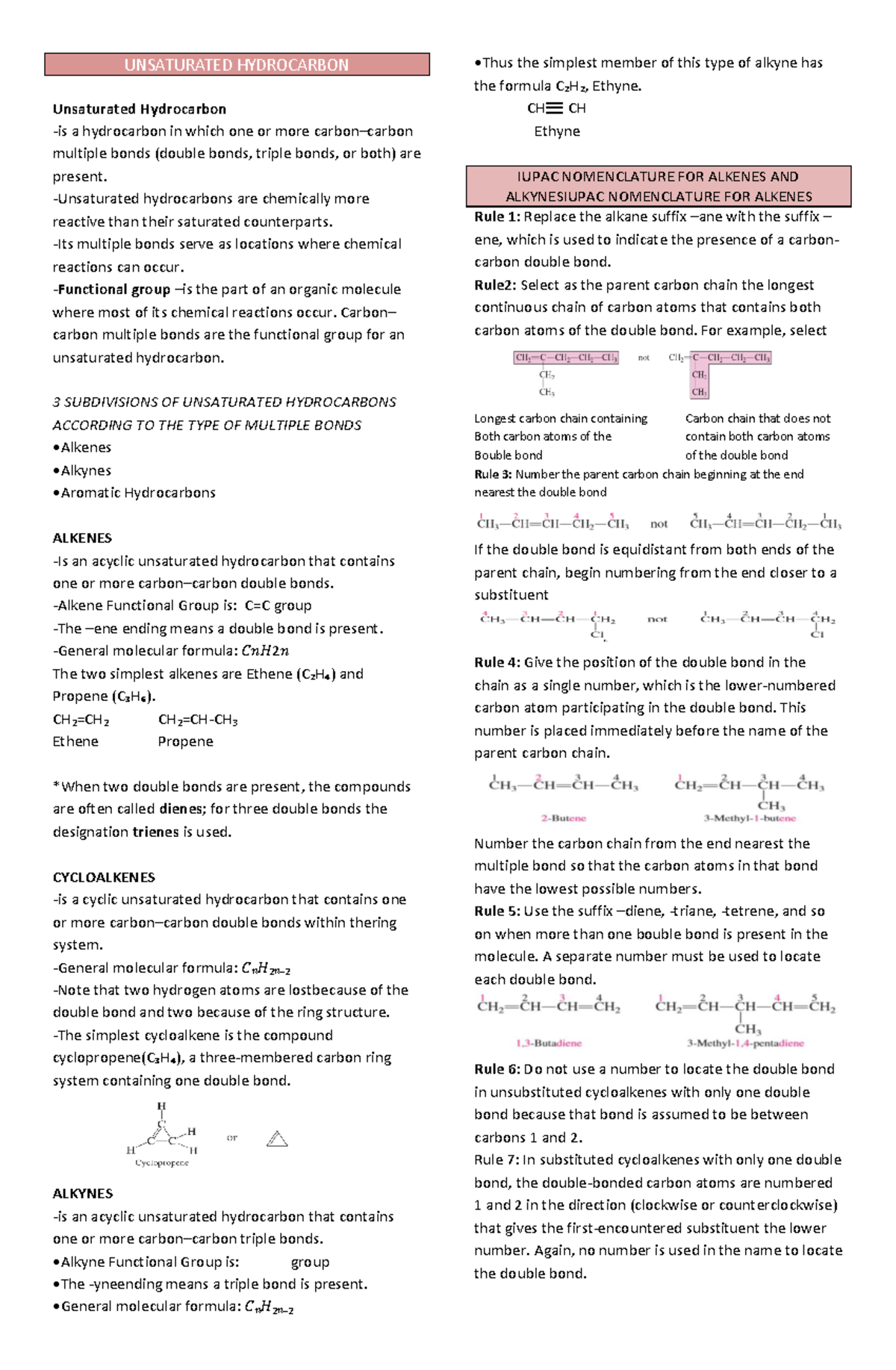 CHEM reviewer alkenes and alkynes - UNSATURATED HYDROCARBON Unsaturated ...