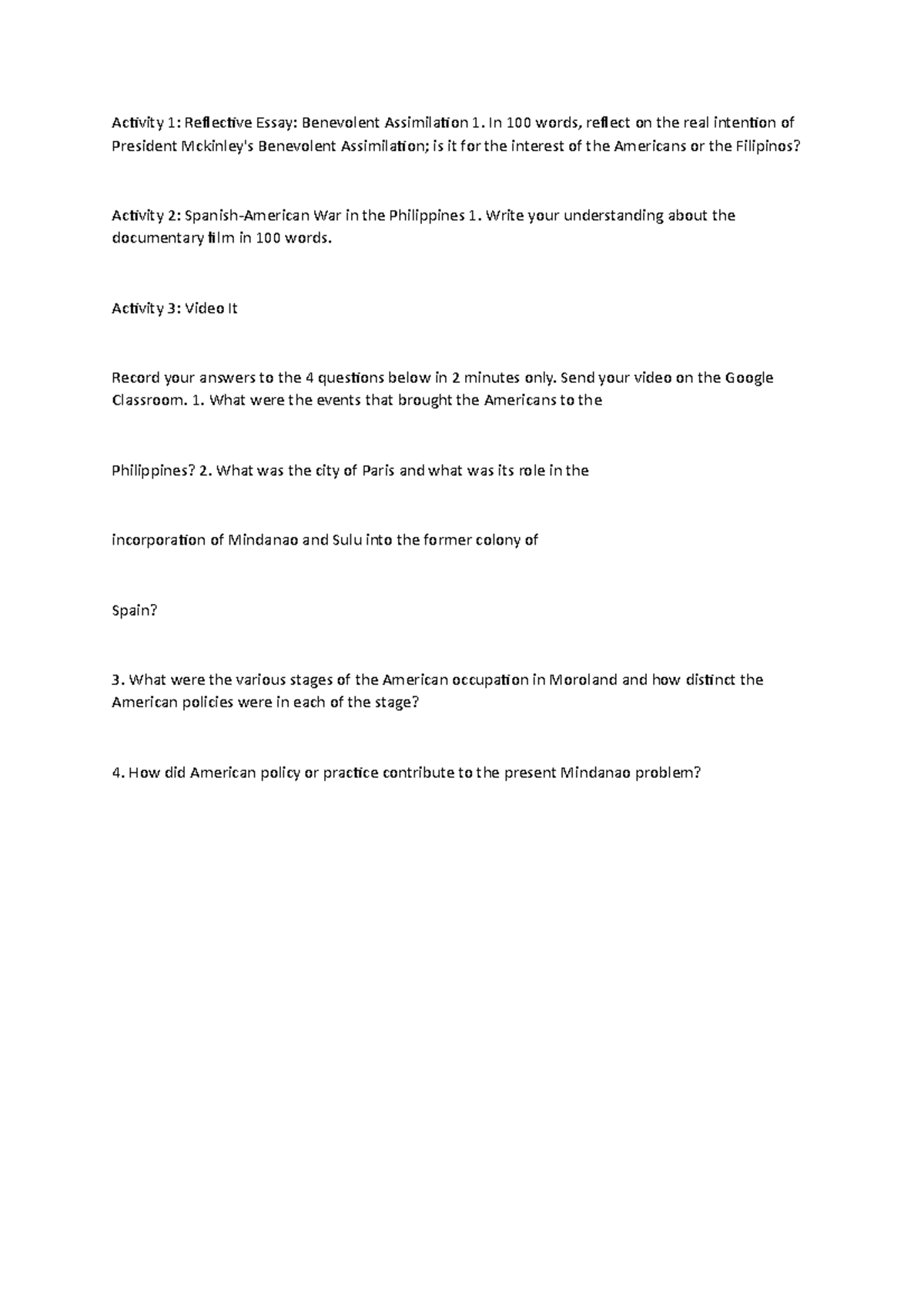 1 History - Activity 1: Reflective Essay: Benevolent Assimilation 1. In ...