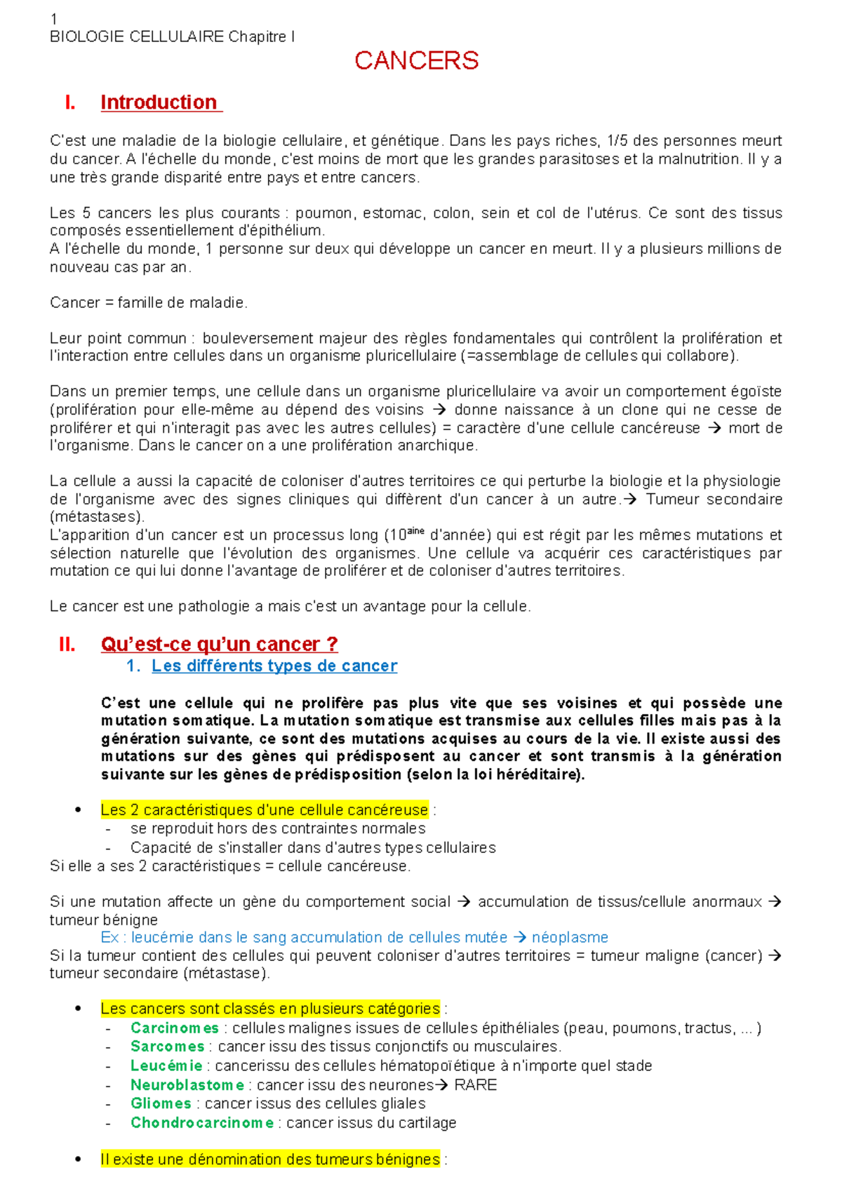 Cancer - bio cellulaire - BIOLOGIE CELLULAIRE Chapitre I CANCERS I ...