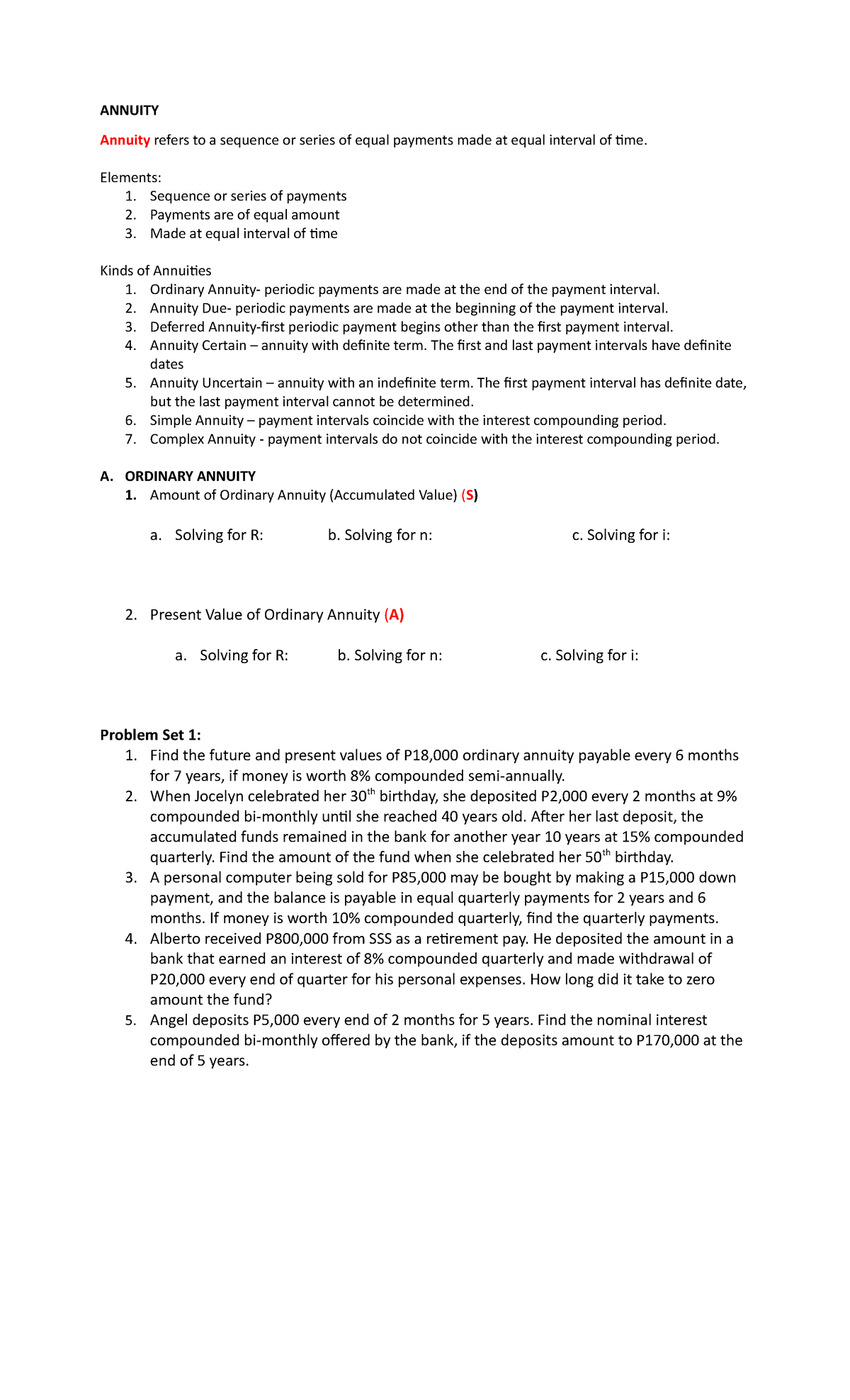 Notes on Ordinary Annuity - ANNUITY Annuity refers to a sequence or ...