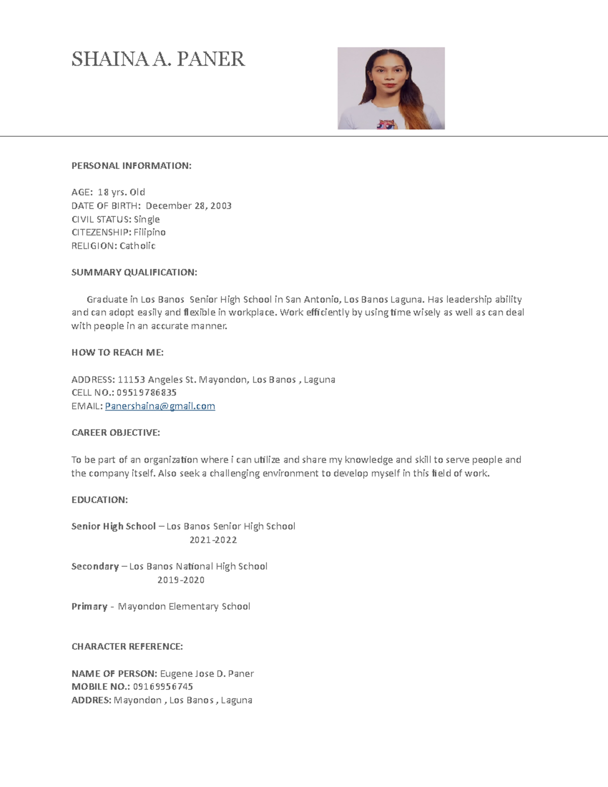 Shaina-a - Resume - SHAINA A. PANER PERSONAL INFORMATION: AGE: 18 yrs ...