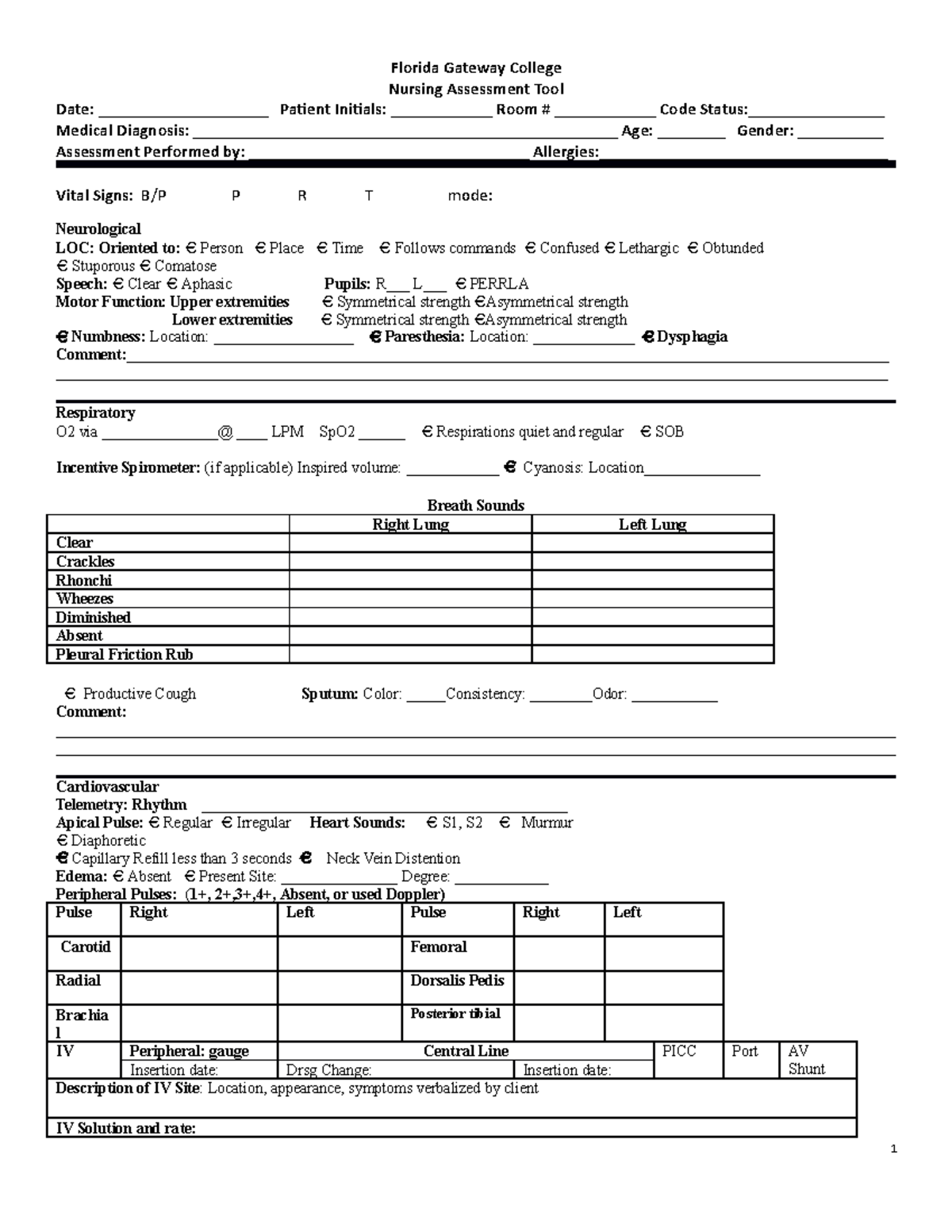 Nursing Assessment Tool - Florida Gateway College Nursing Assessment ...