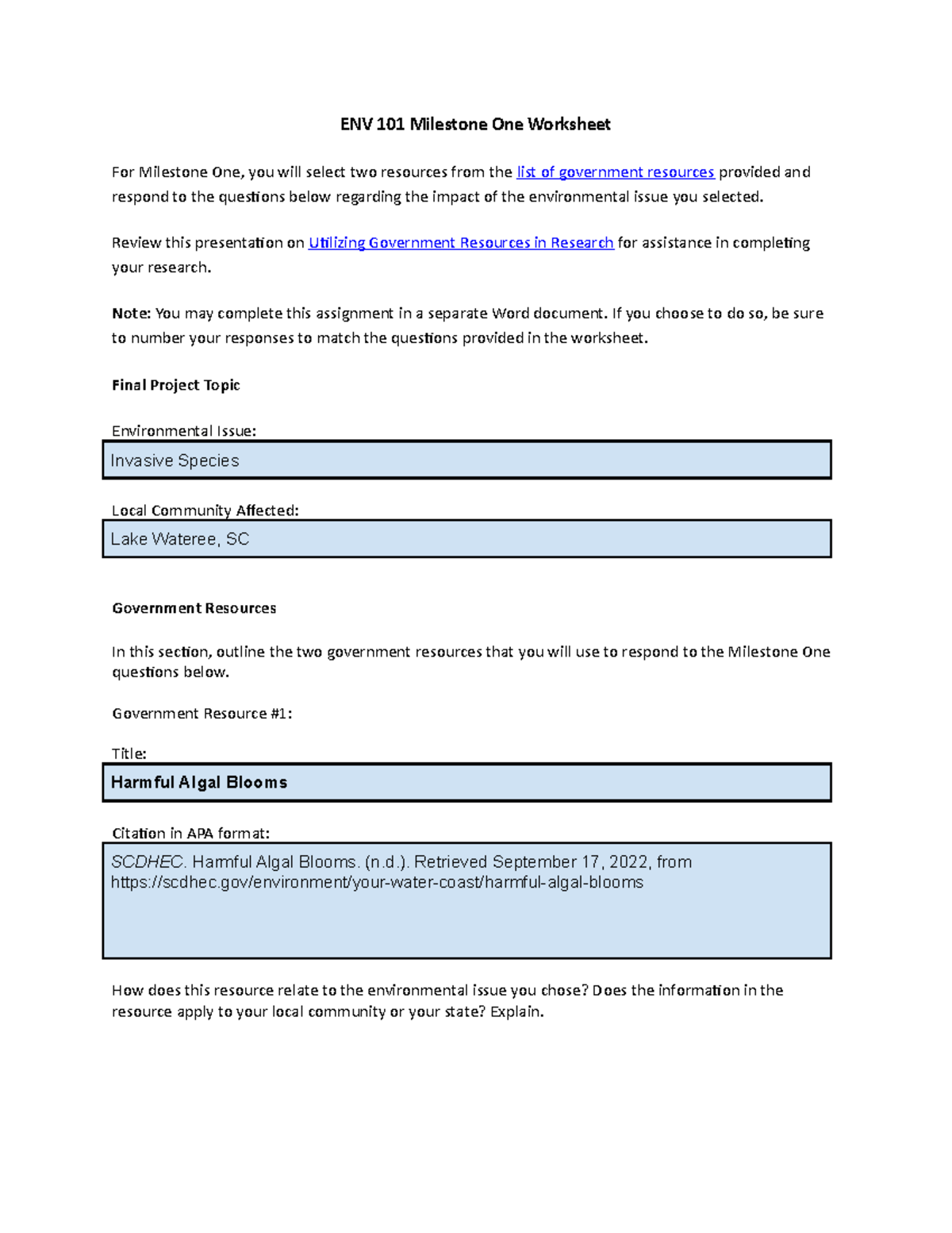 ENV 101 Milestone One Worksheet - ENV 101 Milestone One Worksheet For ...