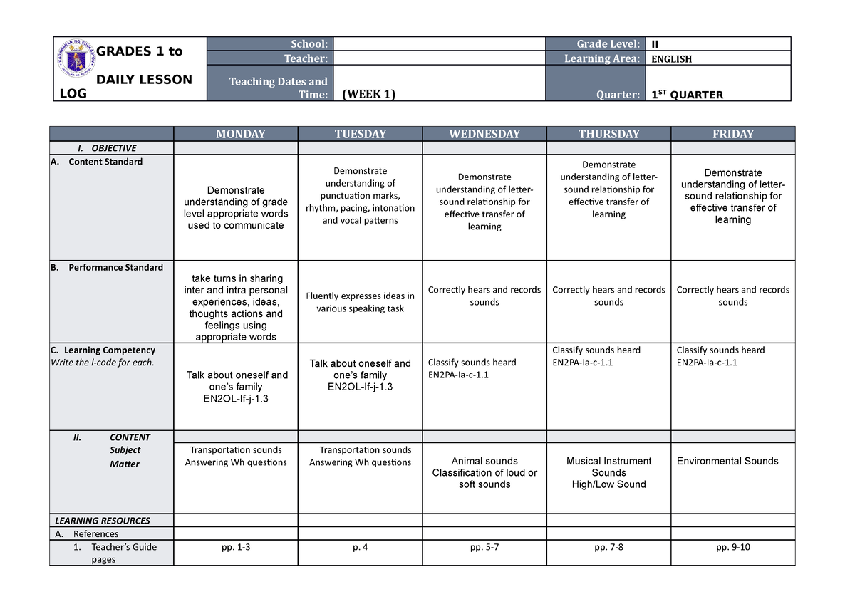 Download Daily Lesson Log For Grade 2 All Subjects De 1878