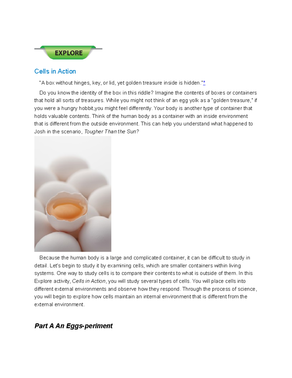 Brandon Iagnemma Chapter 4 Explore, Cells in Action Cells in Action “A box without hinges