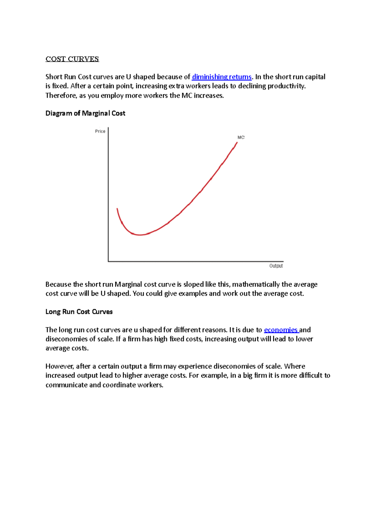 COST Curves marginal cost curve, long run cost curve, diagram for
