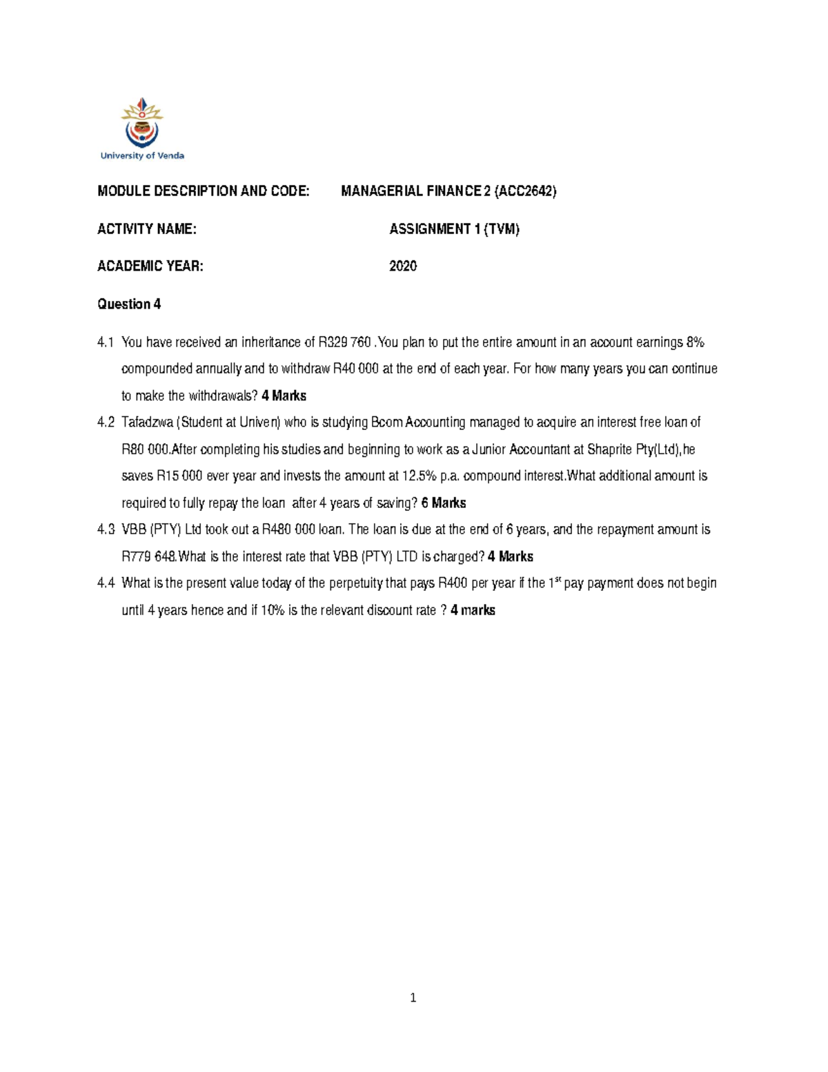 ACC 2542 Assignment 1 2020 - MODULE DESCRIPTION AND CODE: MANAGERIAL ...