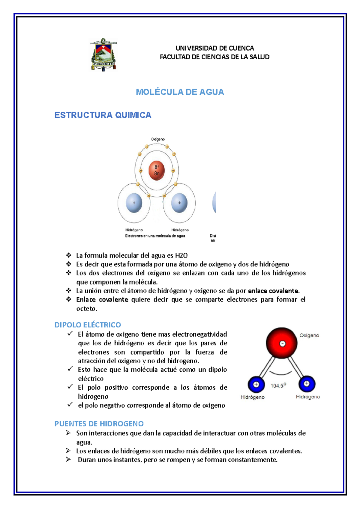 Agua Estructura Qu Mica Universidad De Cuenca Facultad De Ciencias De