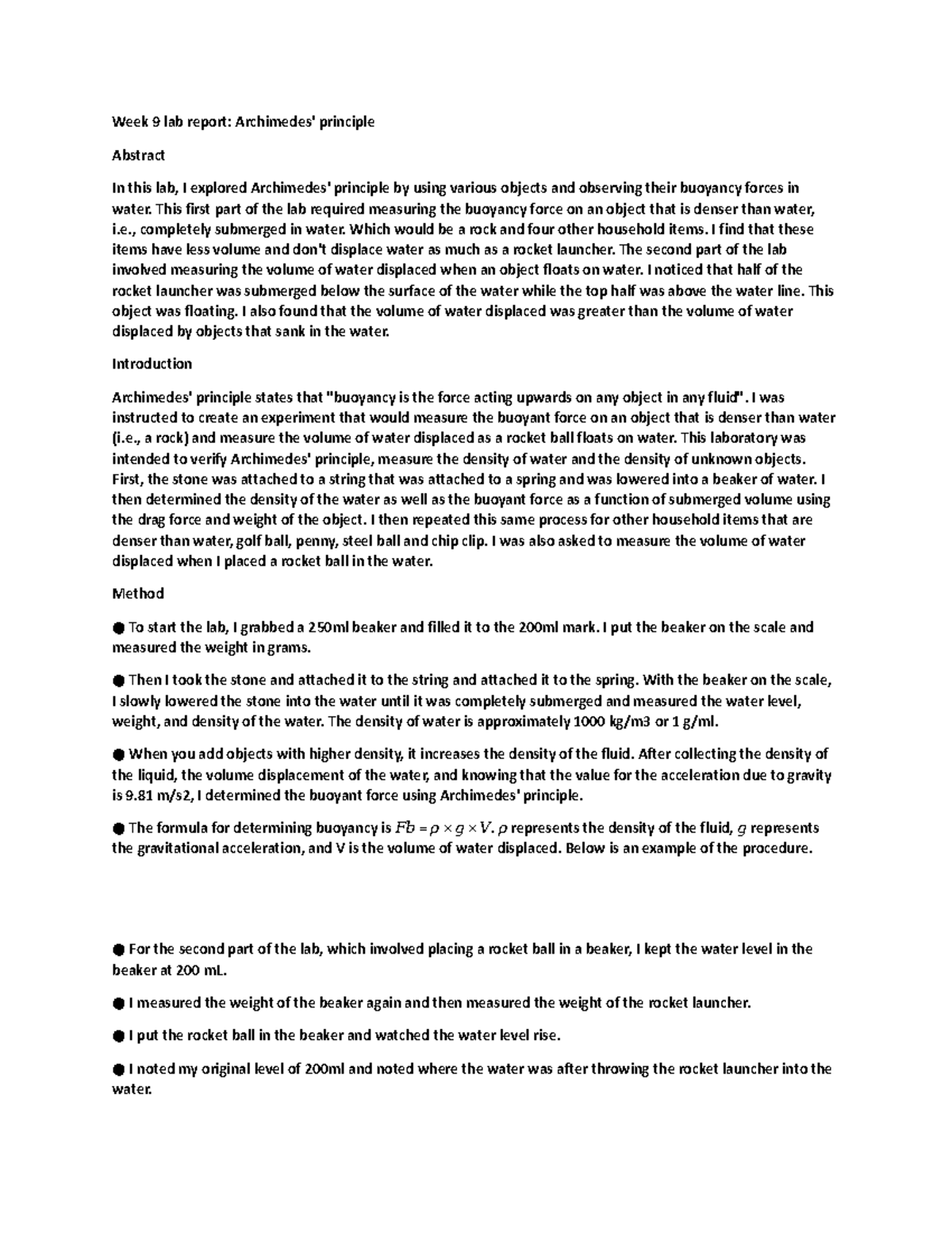 Lab report 9 Document Week 9 lab report Archimedes' principle