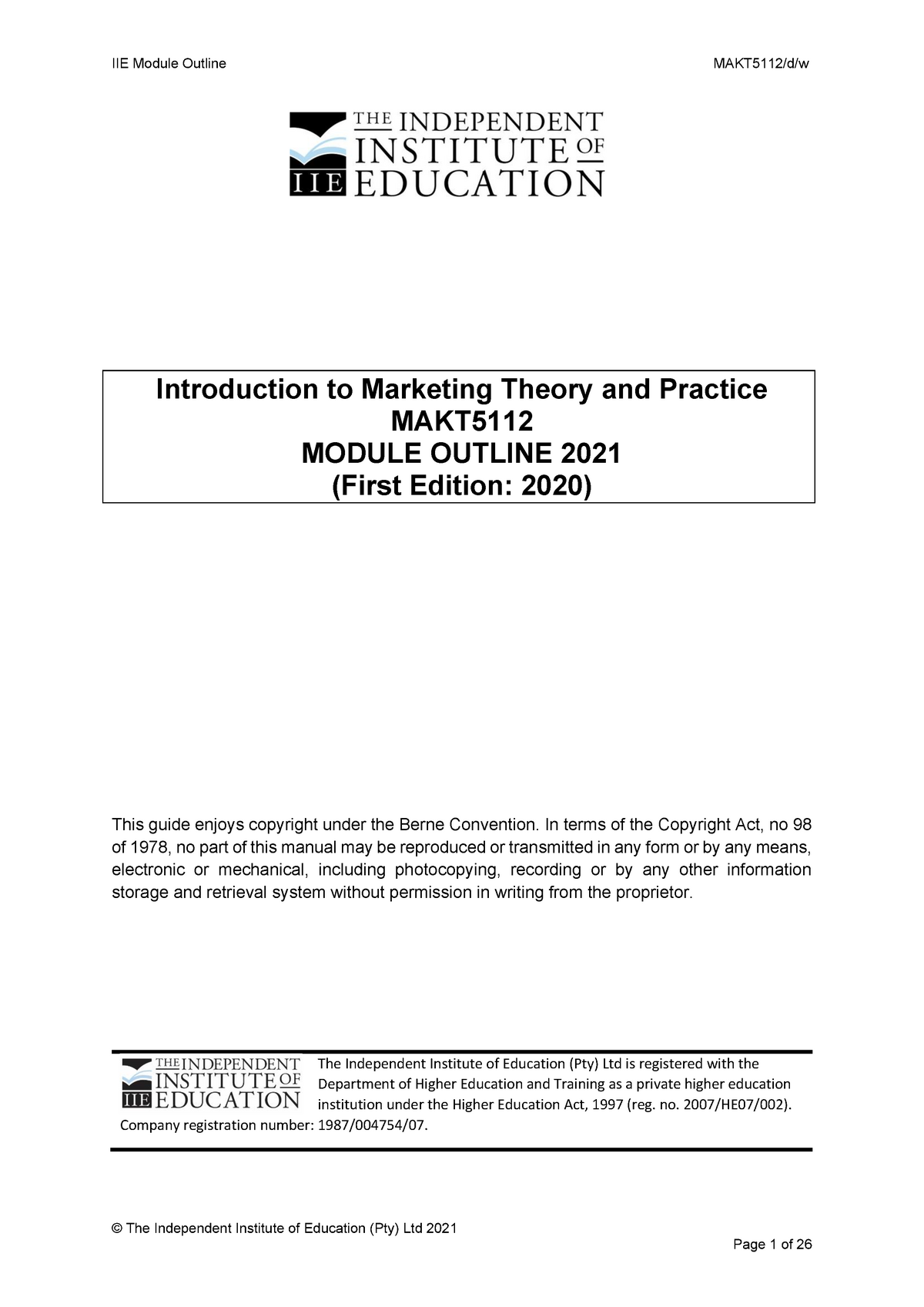 Introduction To Marketing Theory And Practice Makt5112 Module Outline 2021 First Edition 2020 