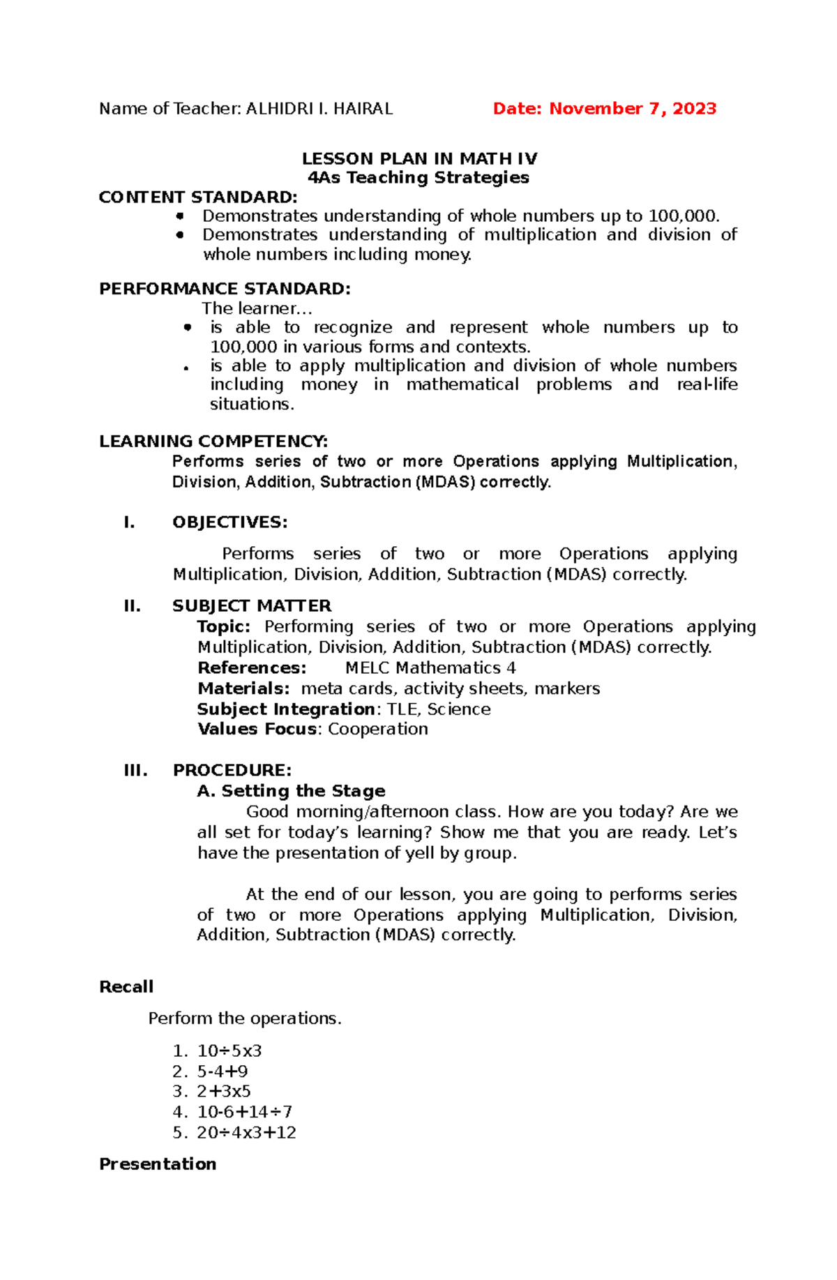 Q2 - W1D2 - Grade 4 Lesson Plan - Name of Teacher: ALHIDRI I. HAIRAL ...