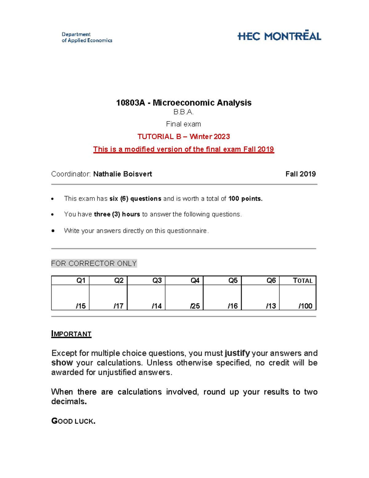 Microeconomics - TP Exam Final - 10803A - Microeconomic Analysis B.B ...