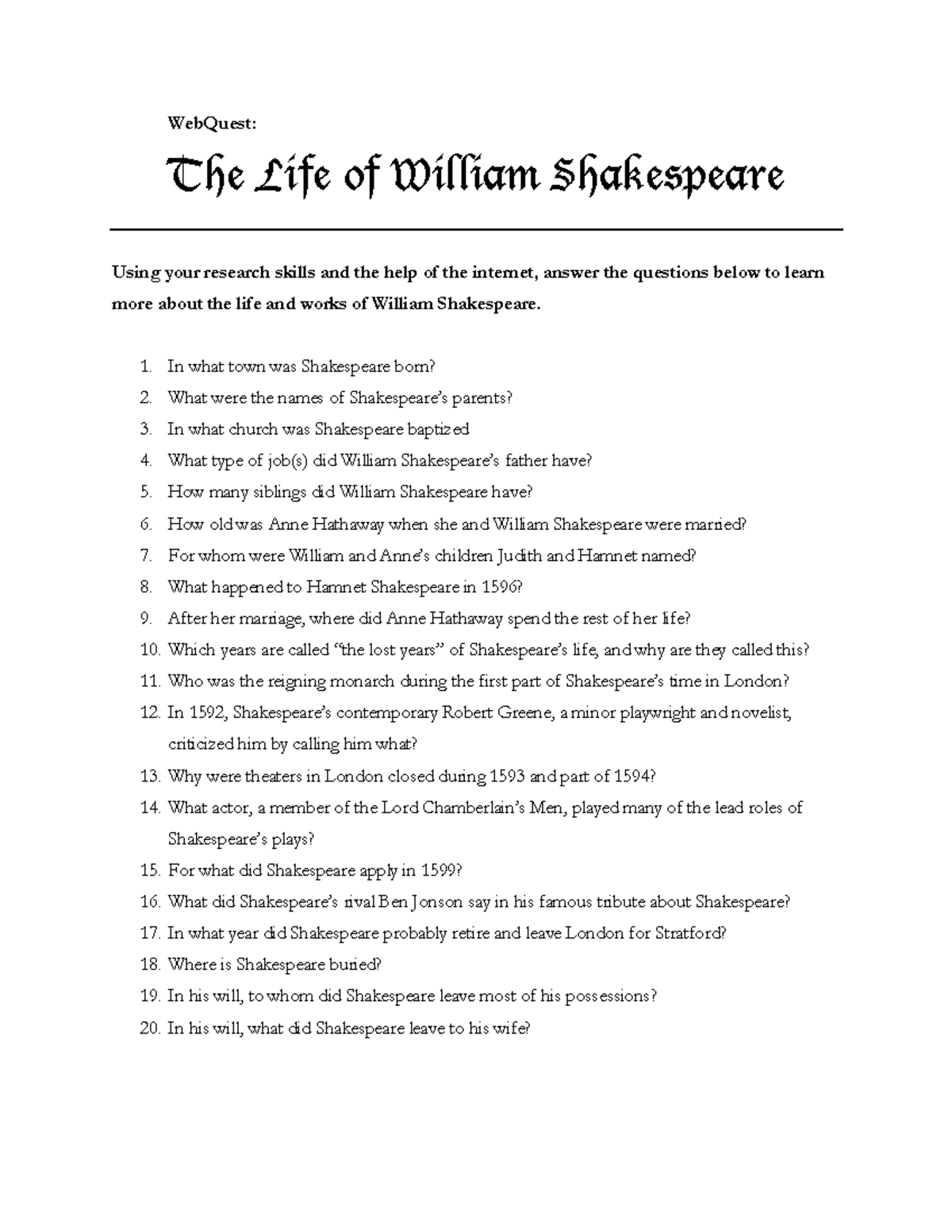 the life of william shakespeare a&e biography quizlet