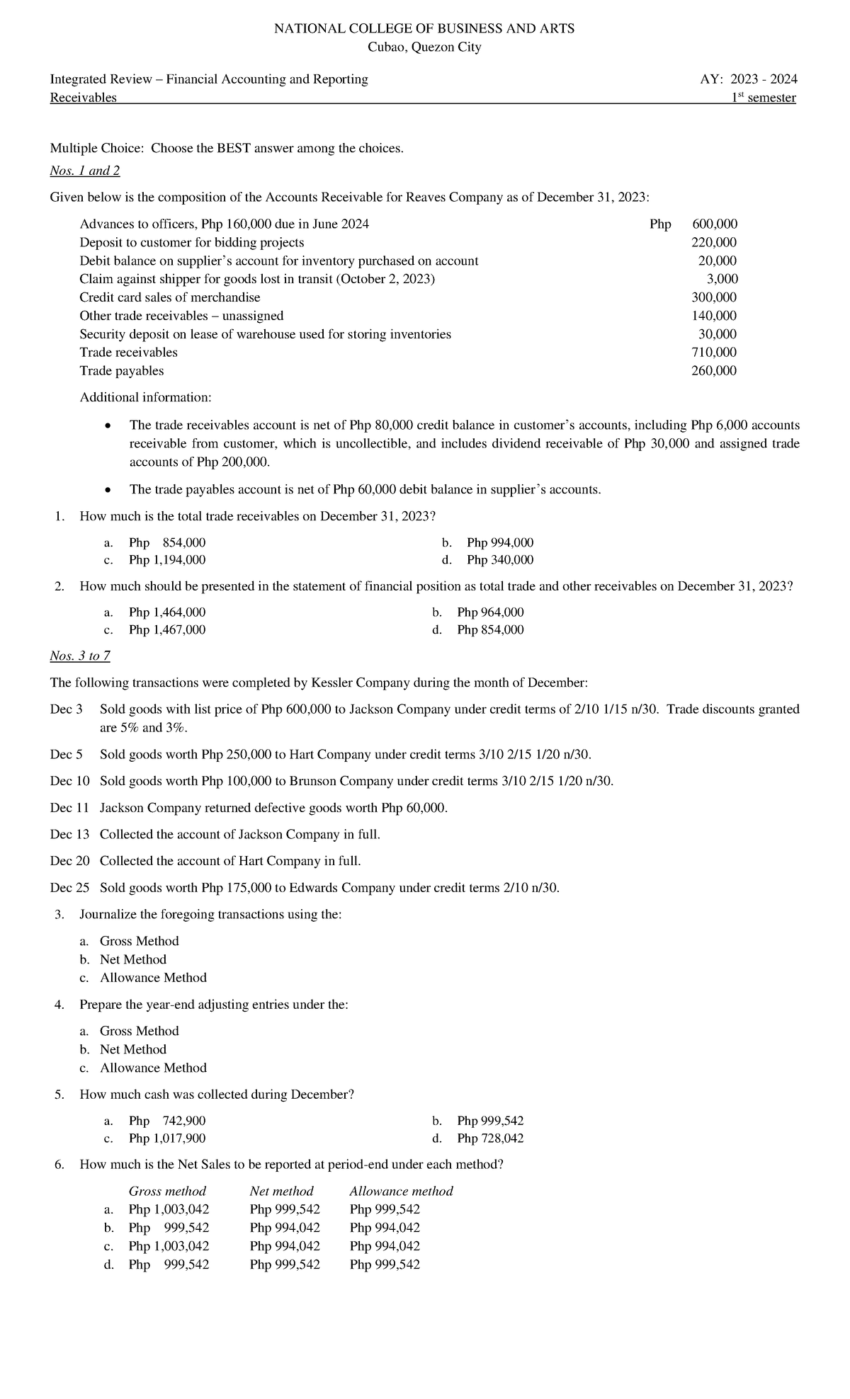 05 Receivables Exercises Problems National College Of Business And Arts Cubao Quezon City 05 Receivables Exercises Problems National College Of Business And Arts Cubao Quezon City