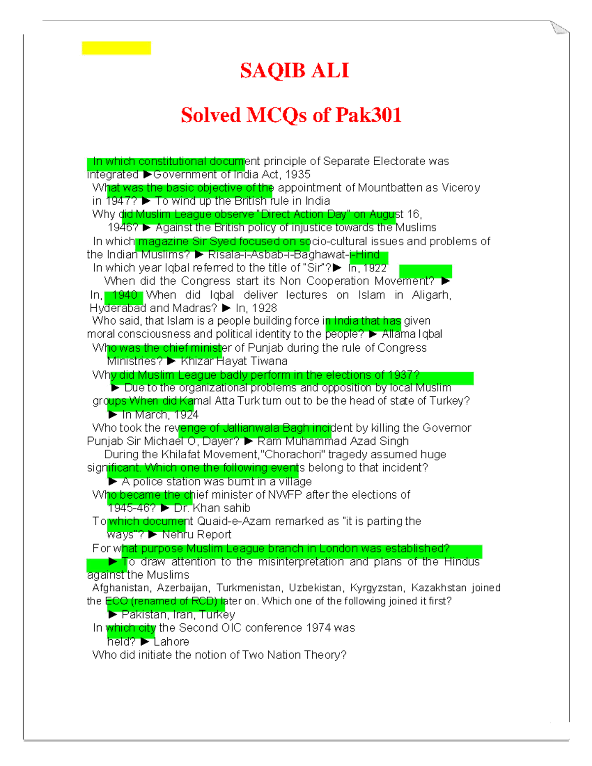 Pak301 Solved MCQs - mcqs for practice - SAQIB ALI Solved MCQs of Pak ...
