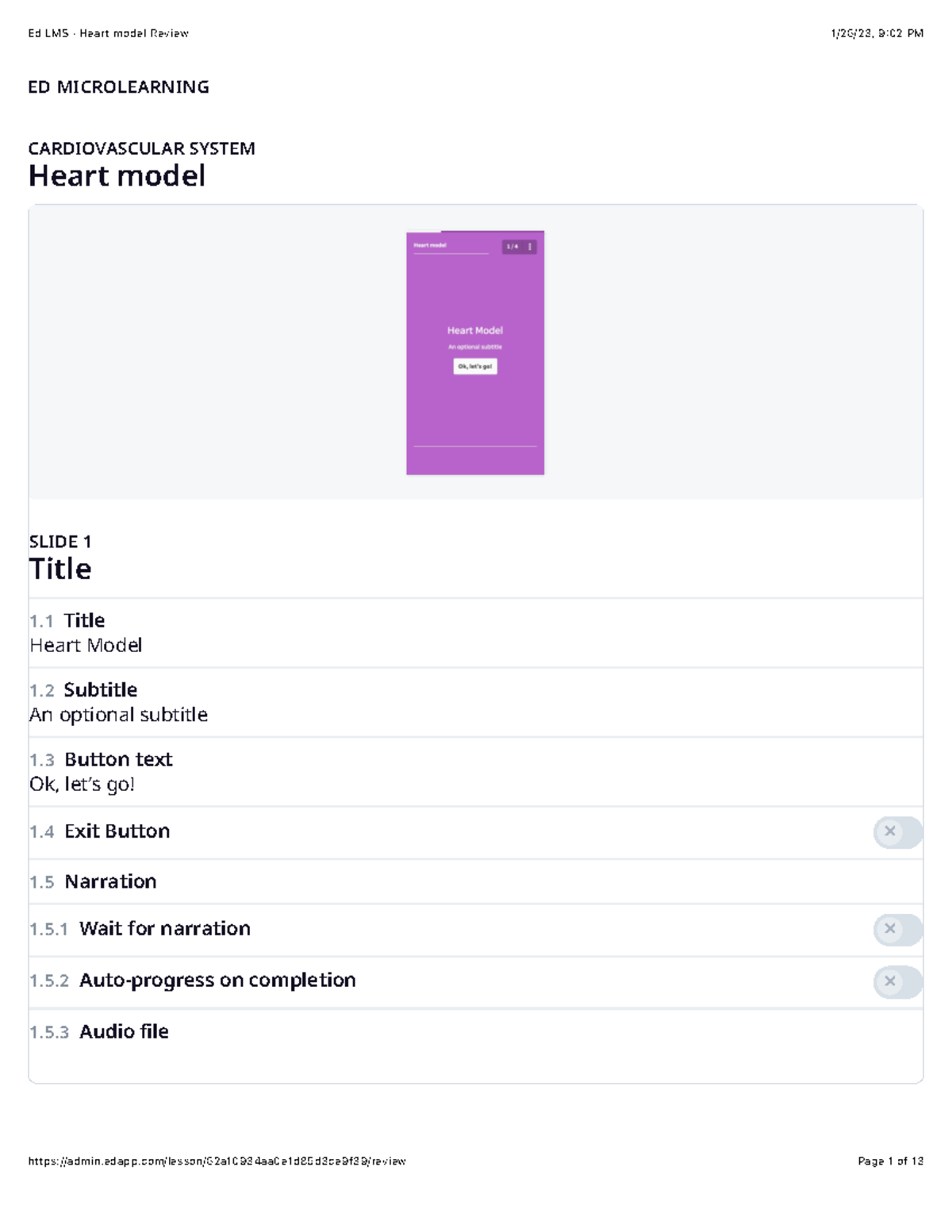 Ed LMS · Heart model Review ED MICROLEARNING CARDIOVASCULAR SYSTEM