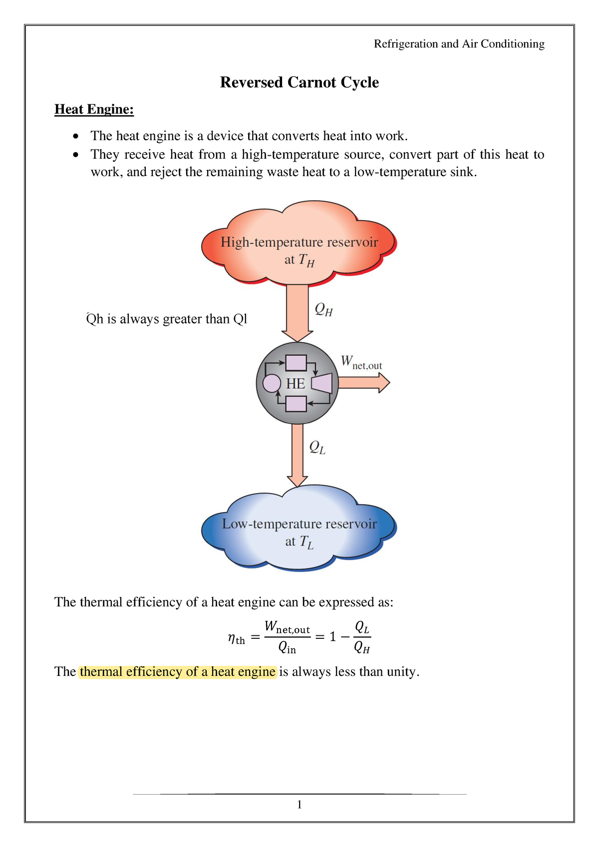 1 Reversed Carnot Cycle Reversed Carnot Cycle Heat Engine The Heat