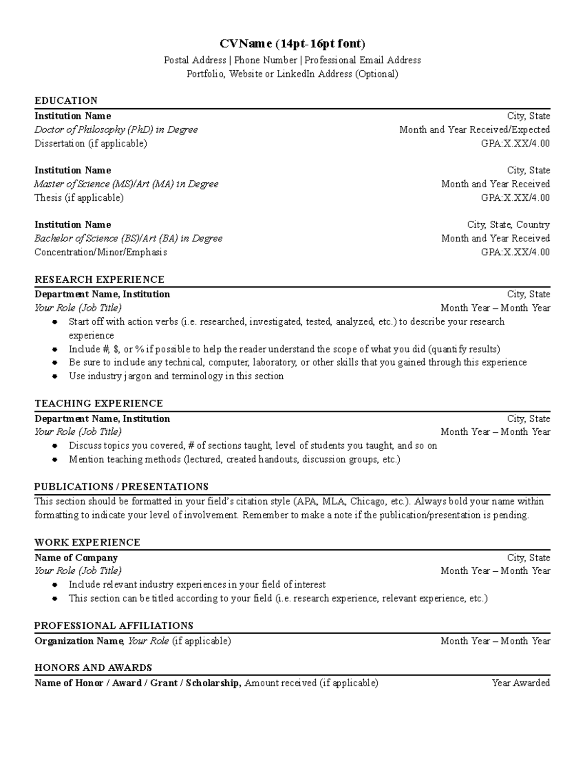 Curriculum Vitae - CVName (14pt-16pt font) Postal Address | Phone ...