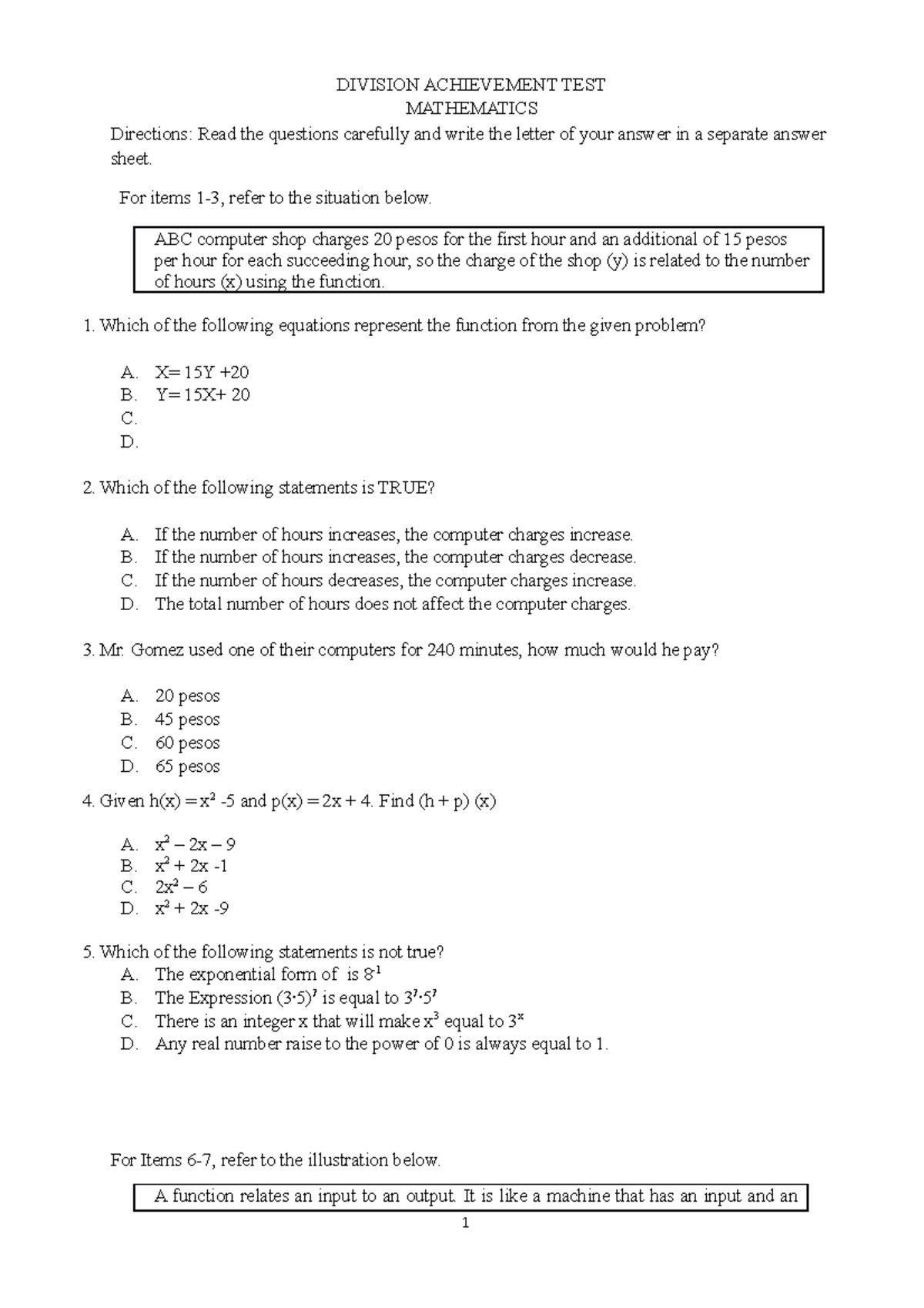 NAT Mathematics 12 - DIVISION ACHIEVEMENT TEST MATHEMATICS Directions ...