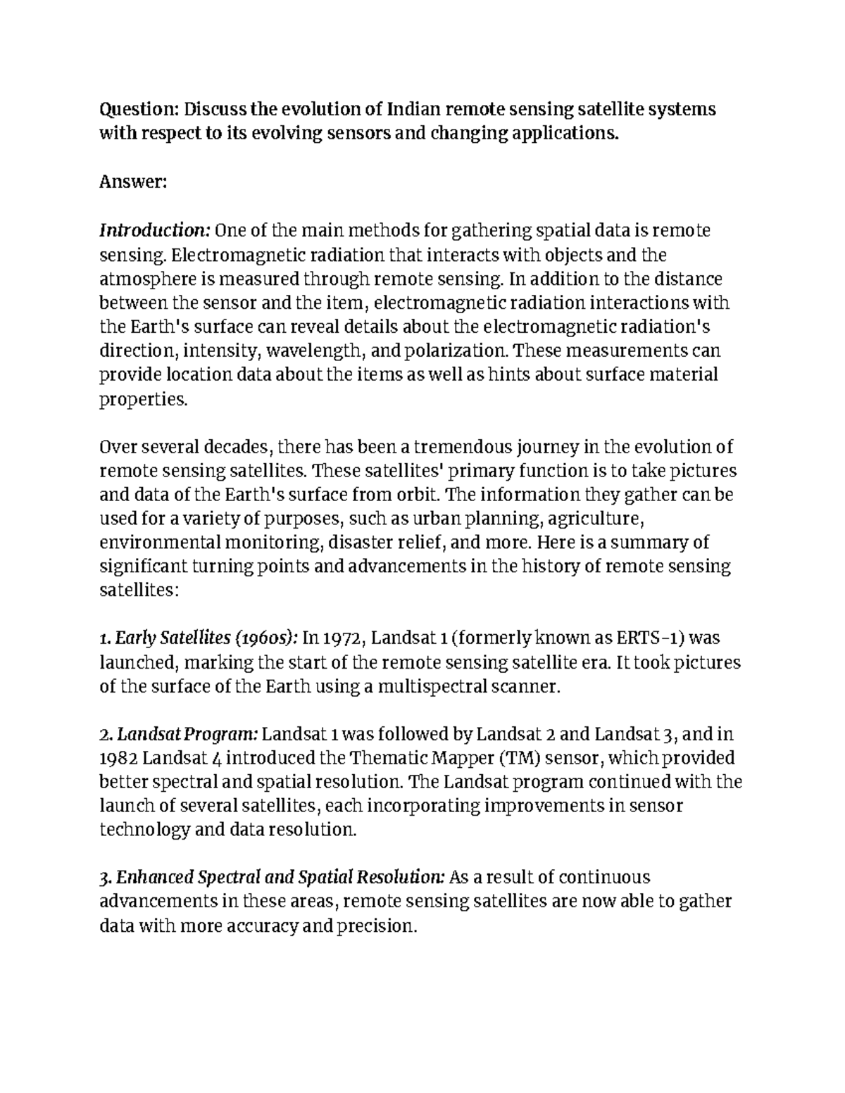 Remote sensing assignment - Question: Discuss the evolution of Indian ...
