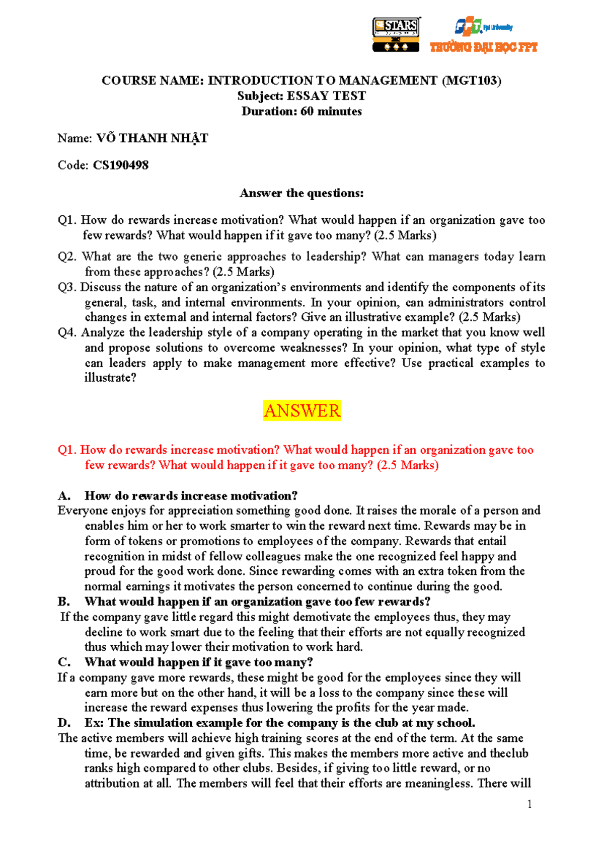 Essay TEST.MGT103 - Xxx - COURSE NAME: INTRODUCTION TO MANAGEMENT ...