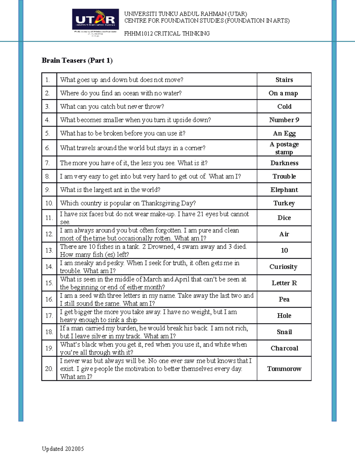 Brain Teasers Student Brain Teasers (Part 1) What goes up and down