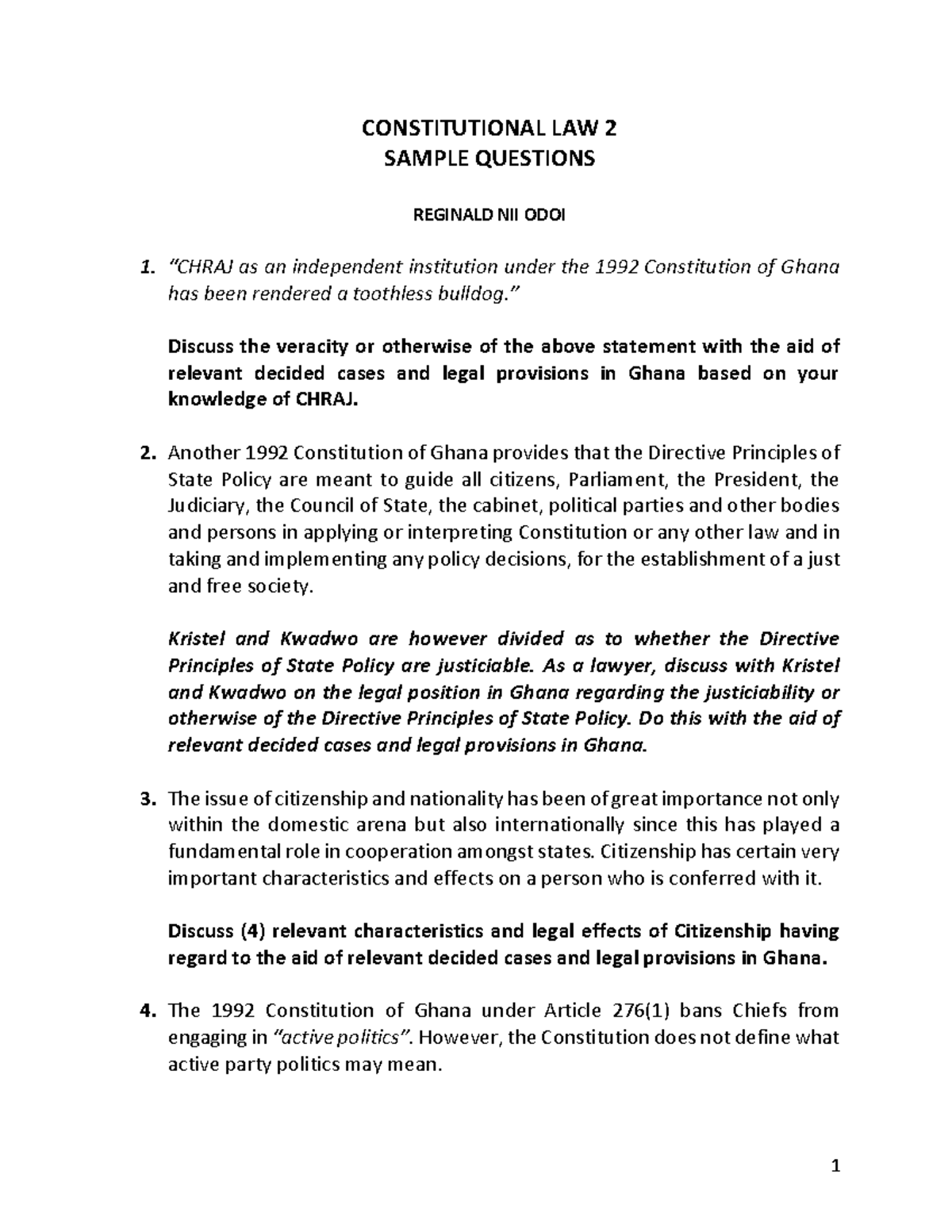 Sample Question Con Law 2 1 CONSTITUTIONAL LAW 2 SAMPLE QUESTIONS REGINALD NII ODOI “CHRAJ as