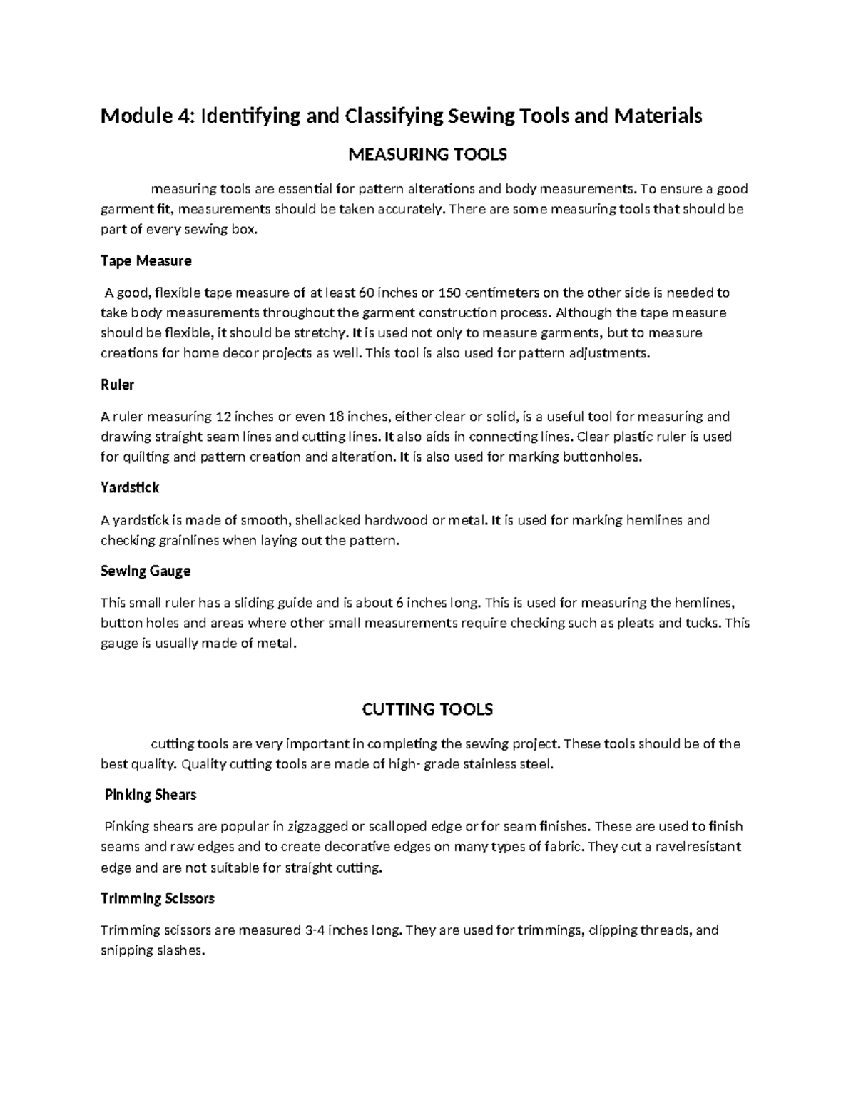 Summarymod Module 4 Identifying and Classifying Sewing Tools and