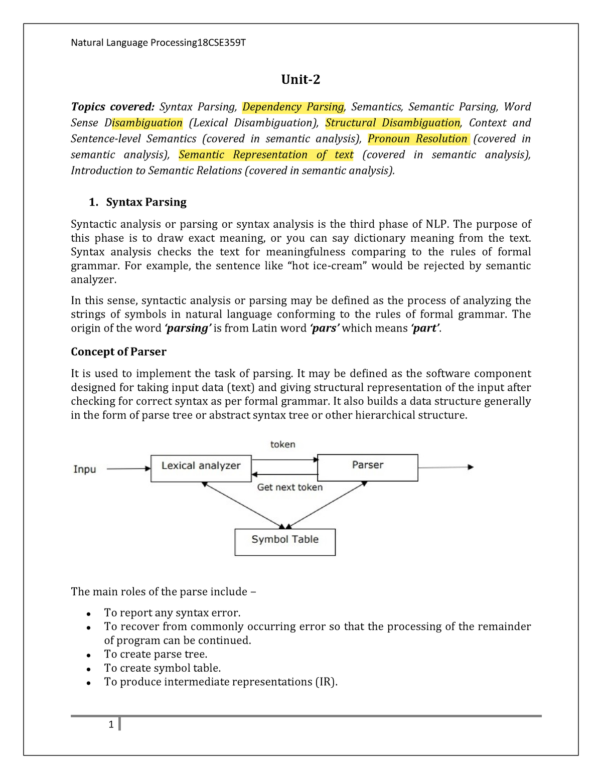 Nlp unit 2 - UNIT NOTES - Unit- Topics covered: Syntax Parsing, Dependency  Parsing, Semantics, - Studocu