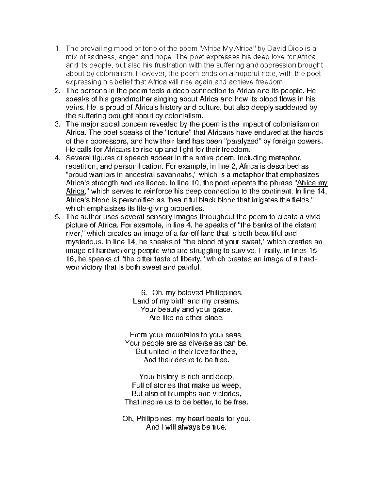 LIT 002 ASEO African TASK 1 The Prevailing Mood Or Tone Of The Poem 