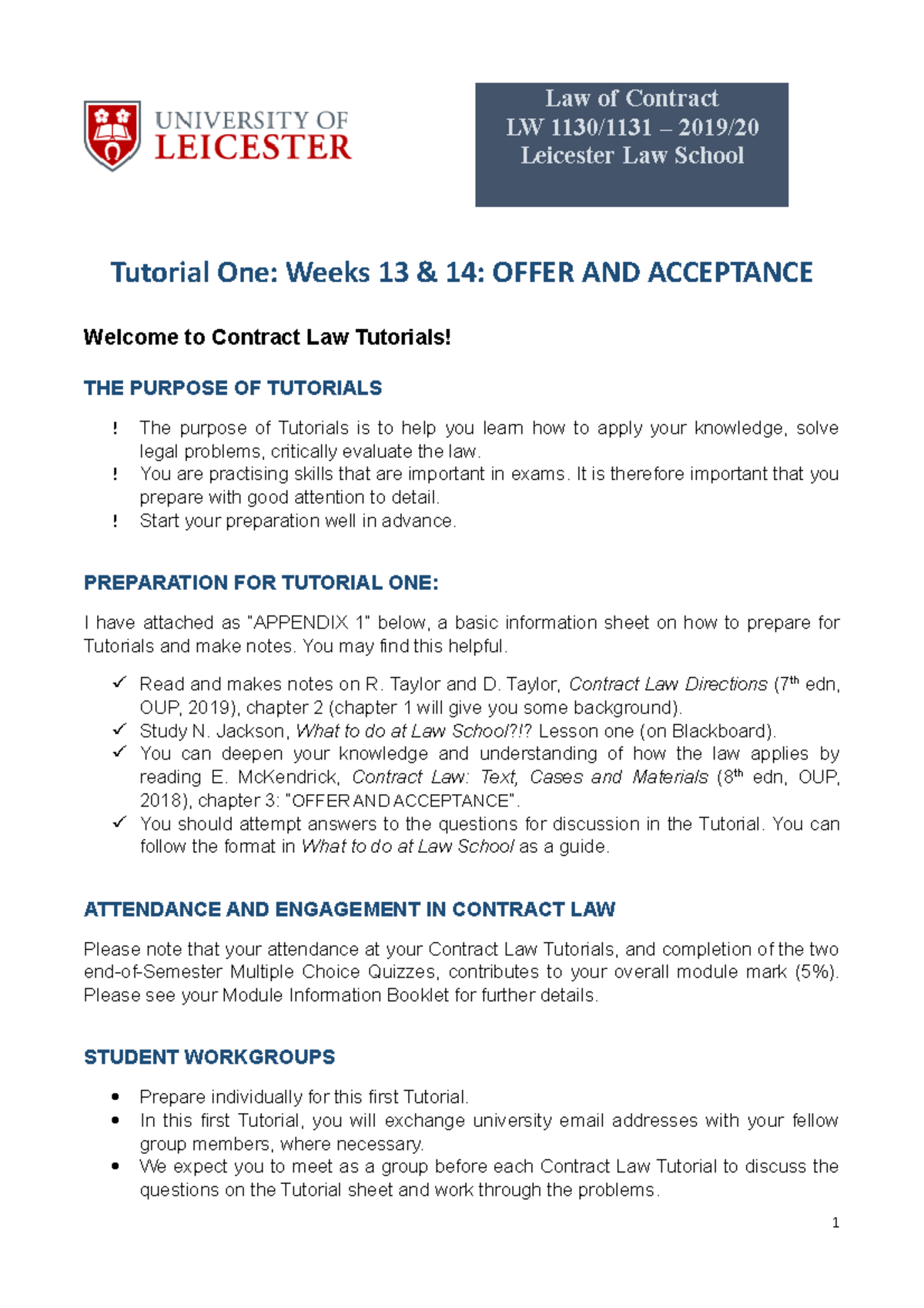 Contract TUT 1 - Tutorial #1 - Law Of Contract LW 1130/1131 – 2019 ...