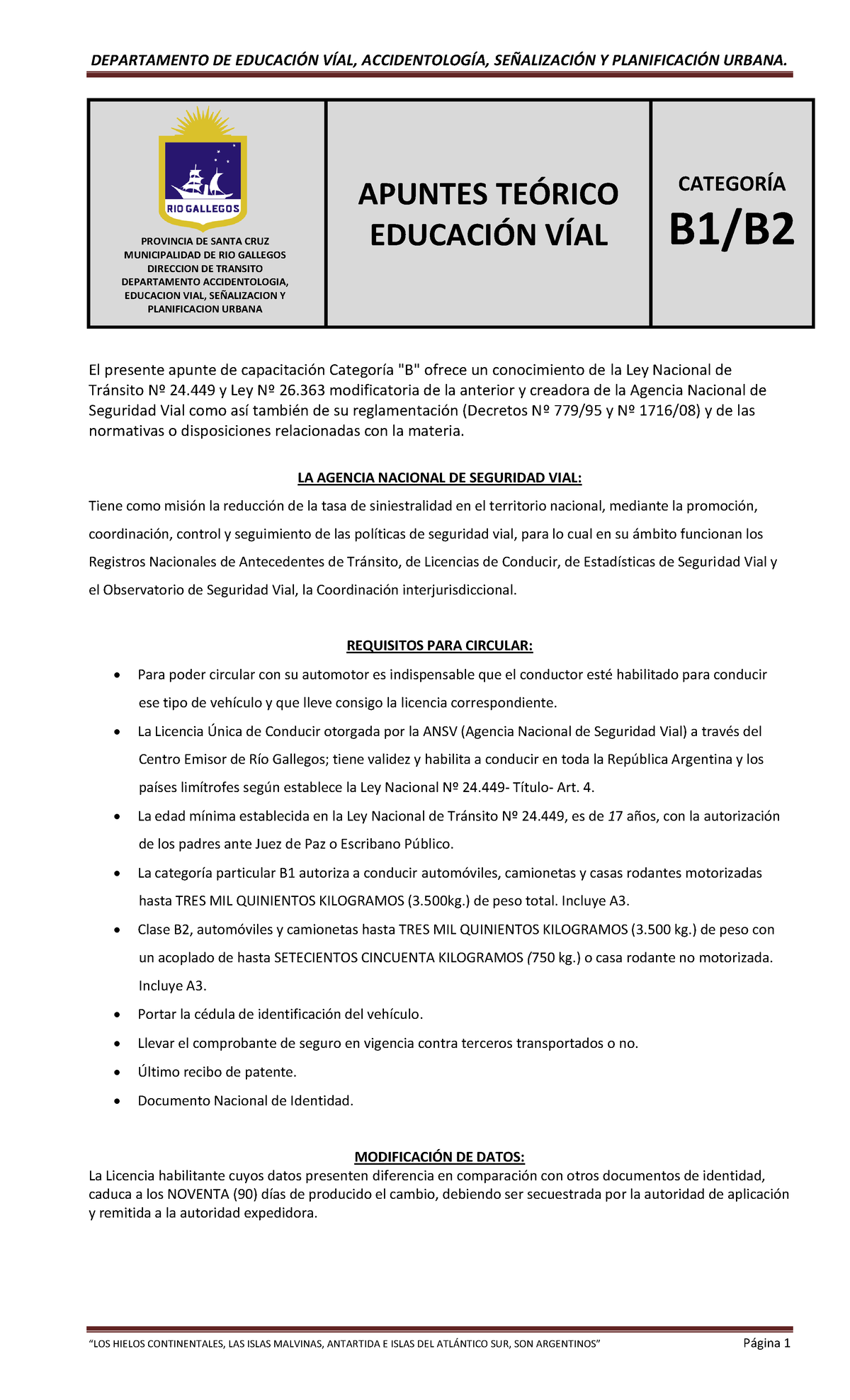 Manual De Estudio Licencia De Conducir Río Gallegos, Santa Cruz ...