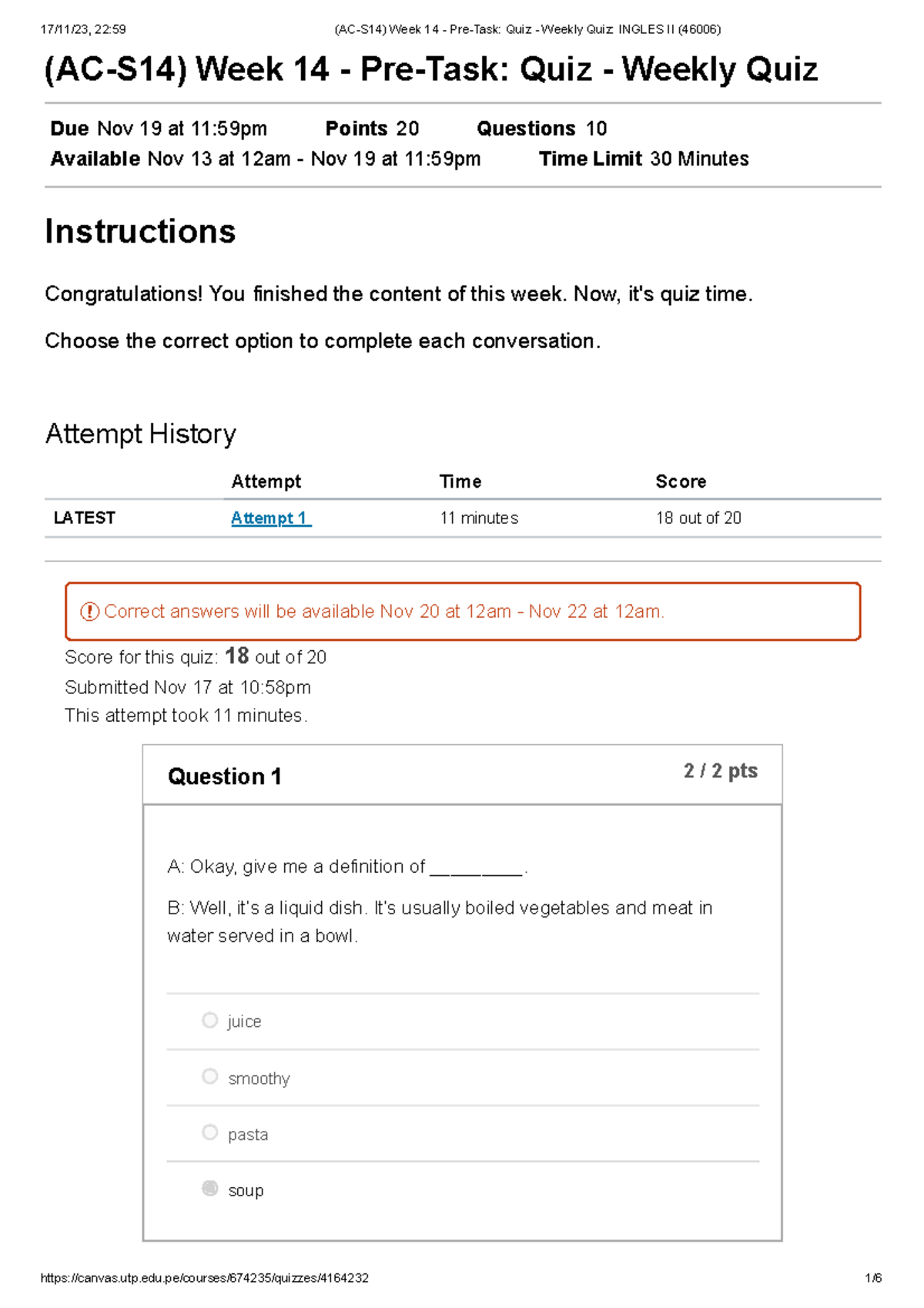 (AC-S14) Week 14 - Pre-Task Quiz - Weekly Quiz Ingles II (46006) - (AC ...