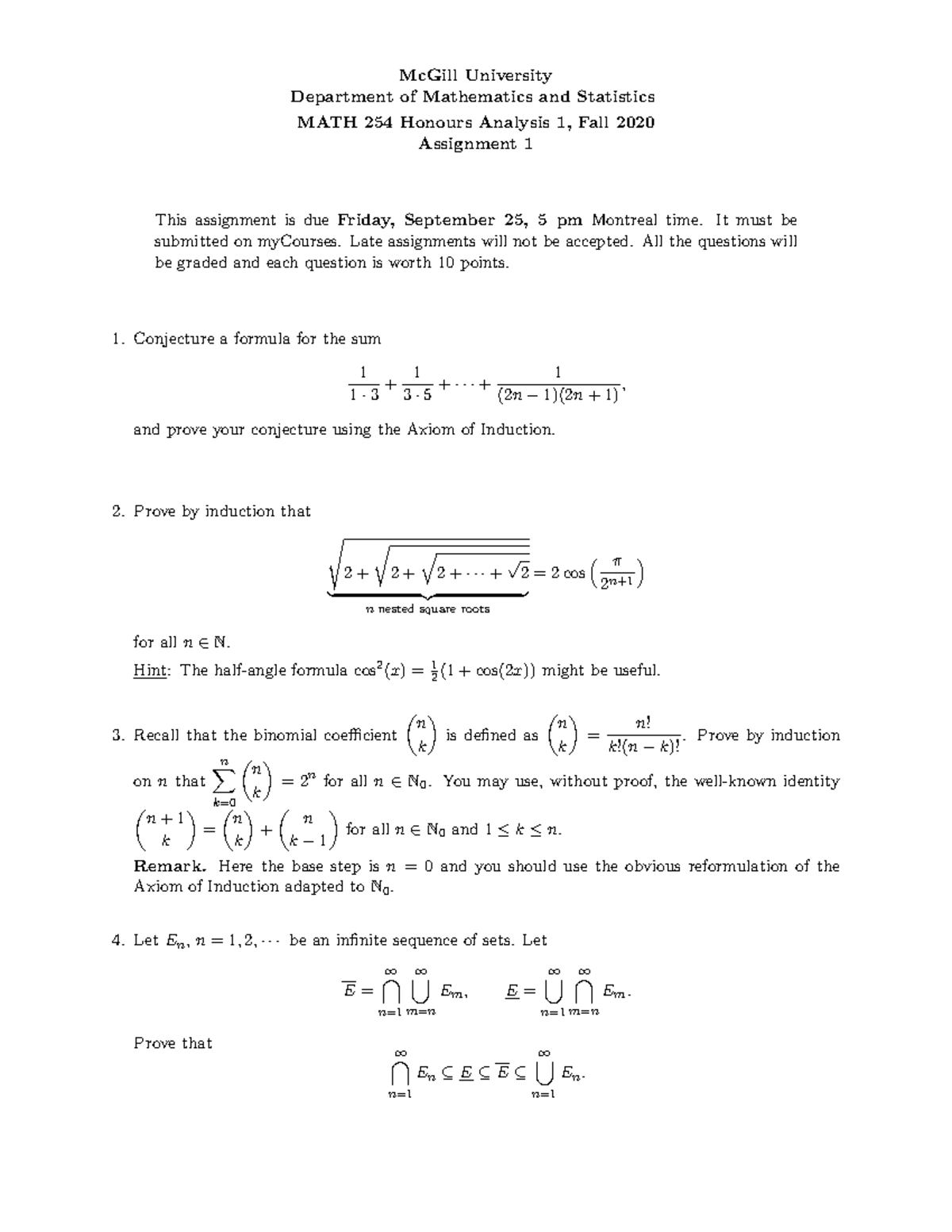 Honours Analysis Assignment 1 Axioms and Conjectures - McGill ...