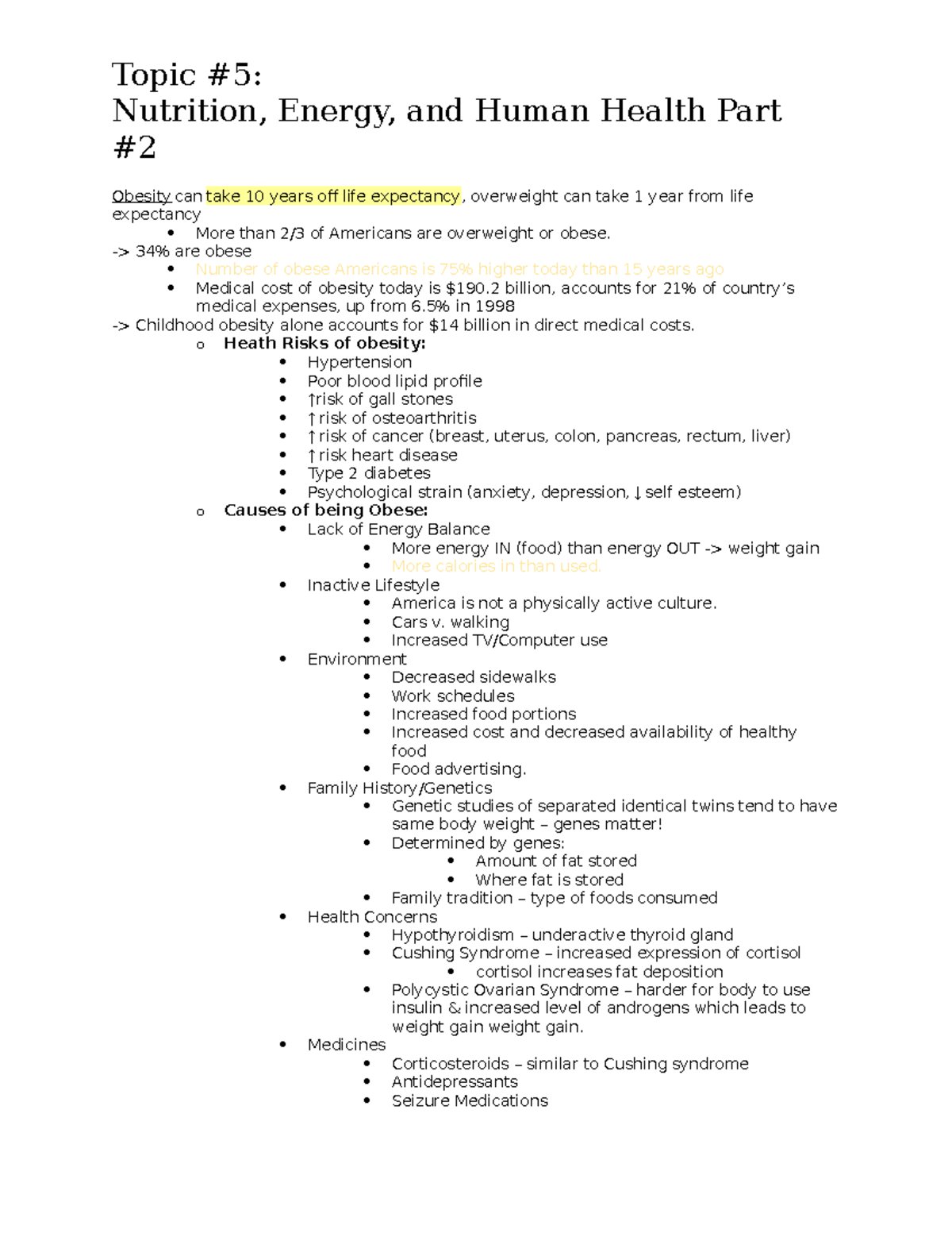 Topic 5 Nutrition, Energy, and Human Health Part 2 Topic 5